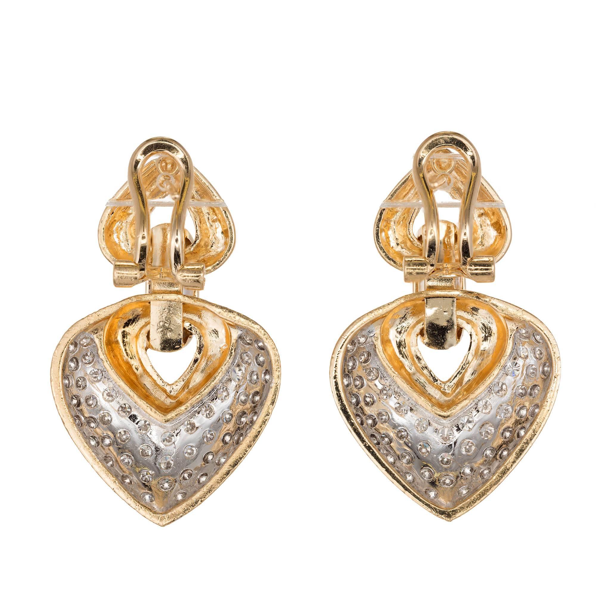 2.50 Carat Pave Diamond Two-Tone Gold Shield Shape Dangle Earrings In Good Condition In Stamford, CT