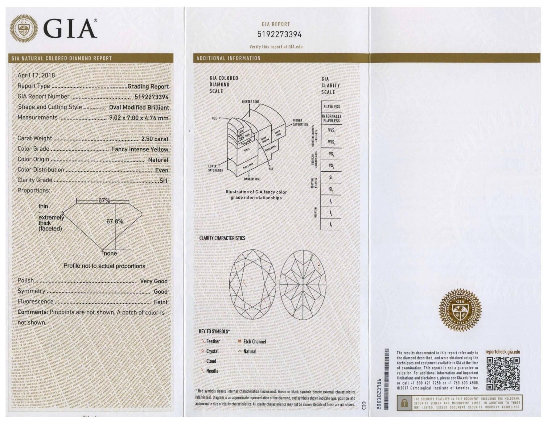 18 kt., one oval Fancy Intense Yellow diamond ap. 2.50 cts., 2 half-moon shaped diamonds ap. 1.00 ct. 

Size 6. 

With GIA report no. 5192273394, Fancy Intense Yellow, natural color, SI1 clarity. 

Yellow diamond: Fancy Intense Yellow - SI1, even