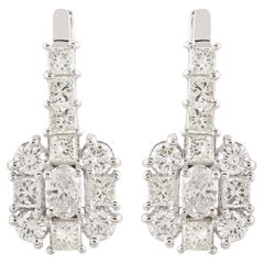 2.50 Carat Princess Baguette Diamond Long Stud Earrings 18k White Gold Jewelry