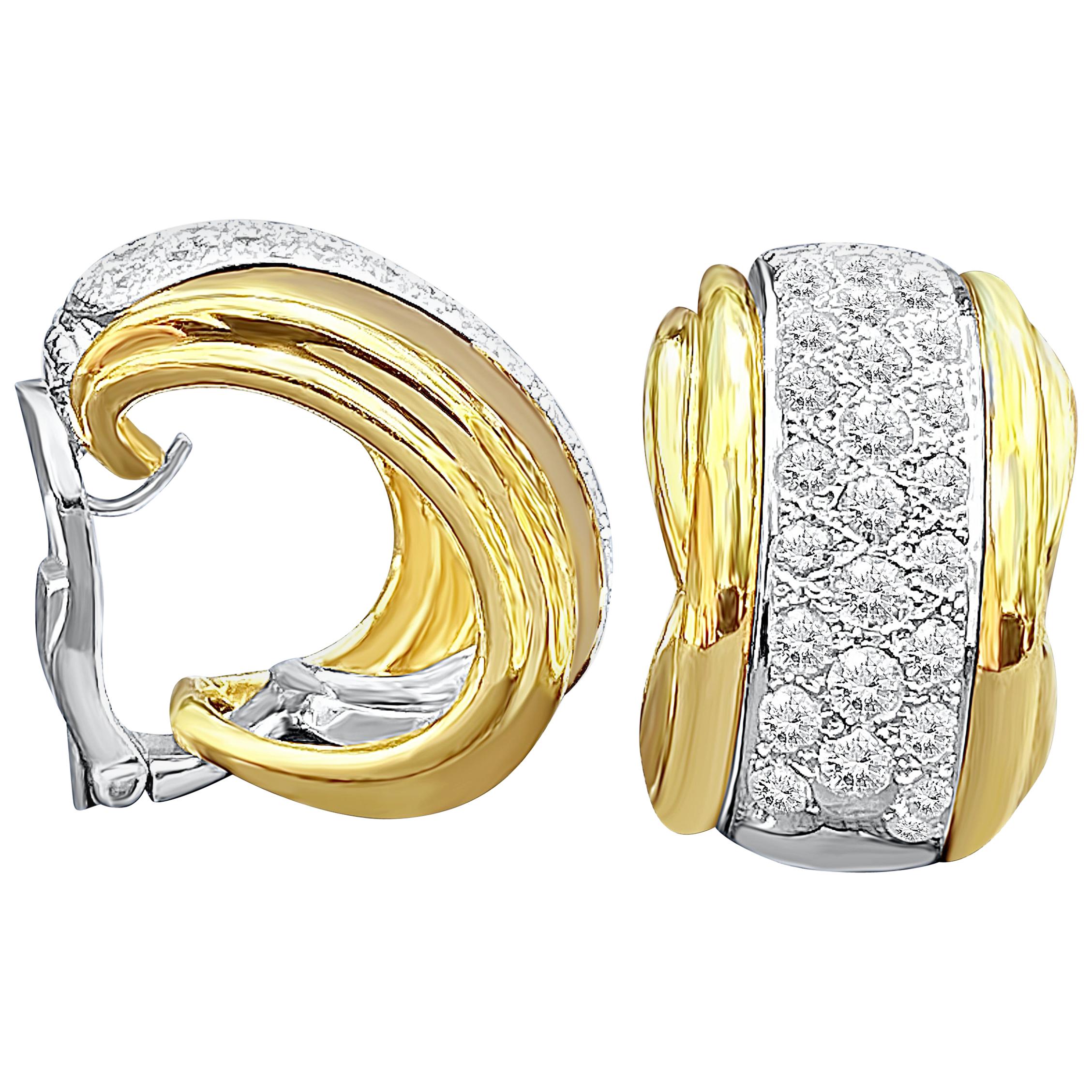 Boucles d'oreilles à levier rétro en or jaune 18 carats et diamants taille ronde brillants de ~2,50 carats en vente