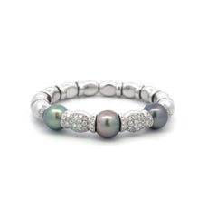 2.50 Carat Round Brilliant Diamond 11.2-11.6MM Pearl 18K WG Bangle Bracelet