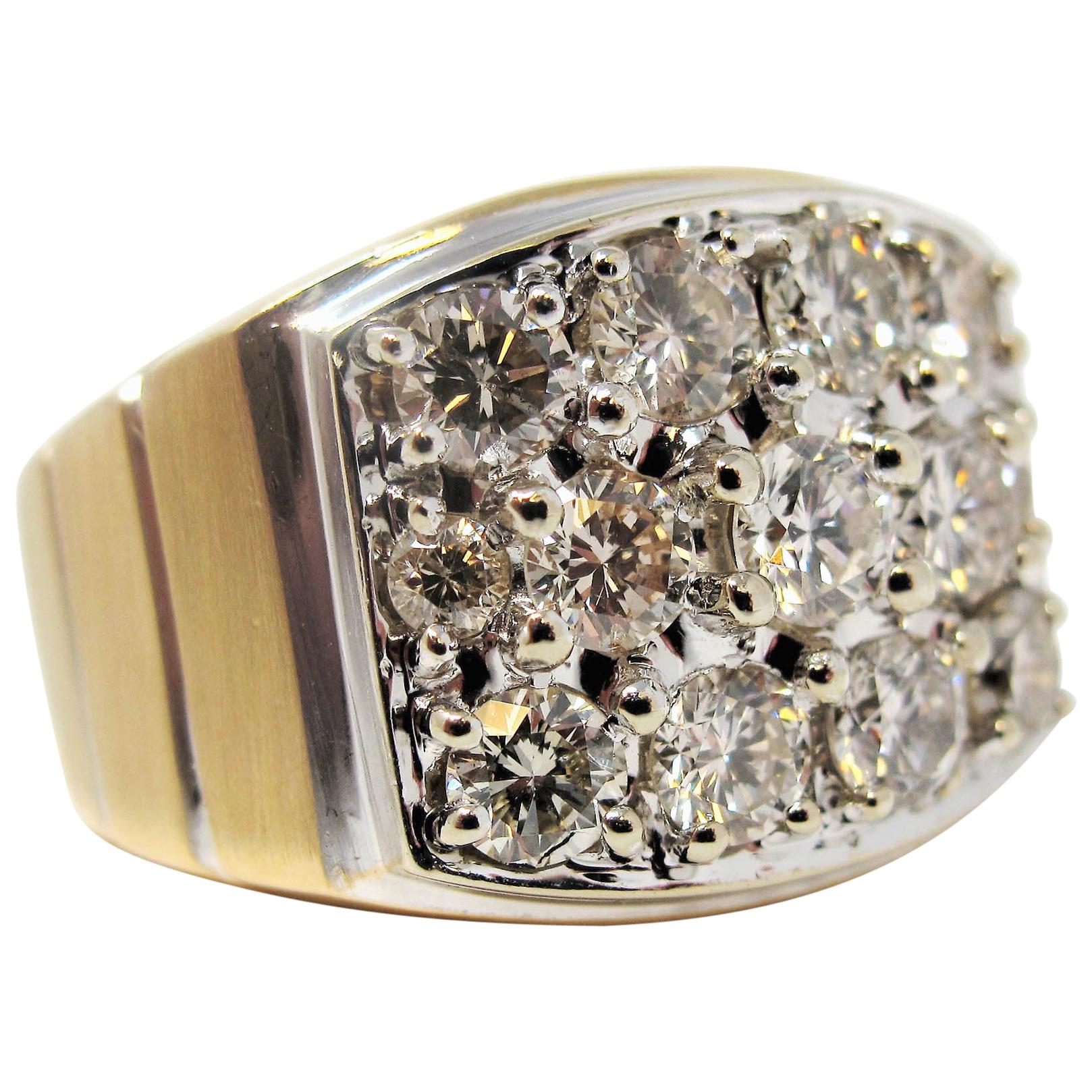 Men's 2.50 Carats Round Brilliant 13 Diamond Wide Band Ring 14 Karat Gold   For Sale