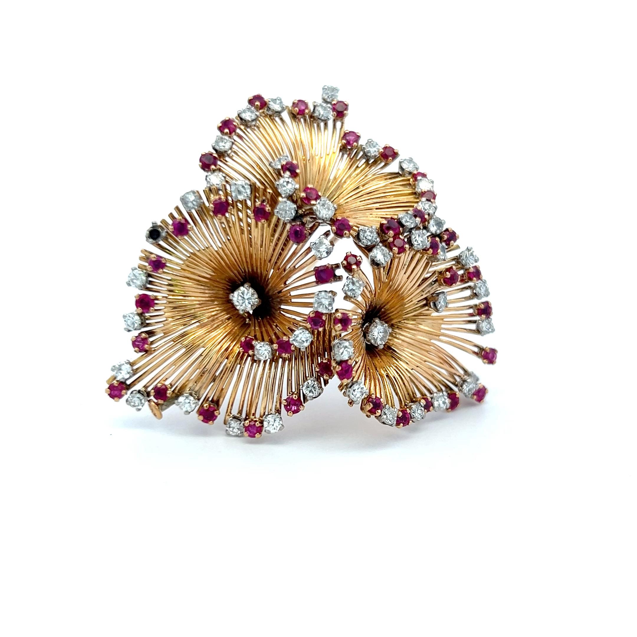 2,50 Karat runder Diamant 1,90 Karat Rubin 18 Karat Gelbgold Pin Brosche Damen im Angebot