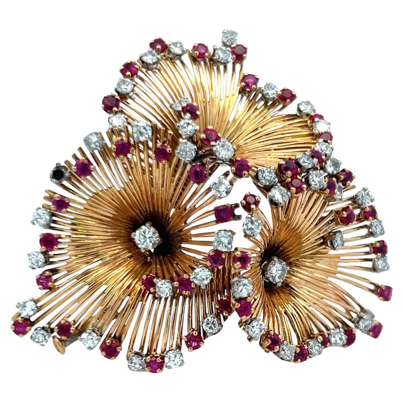 2,50 Karat runder Diamant 1,90 Karat Rubin 18 Karat Gelbgold Pin Brosche