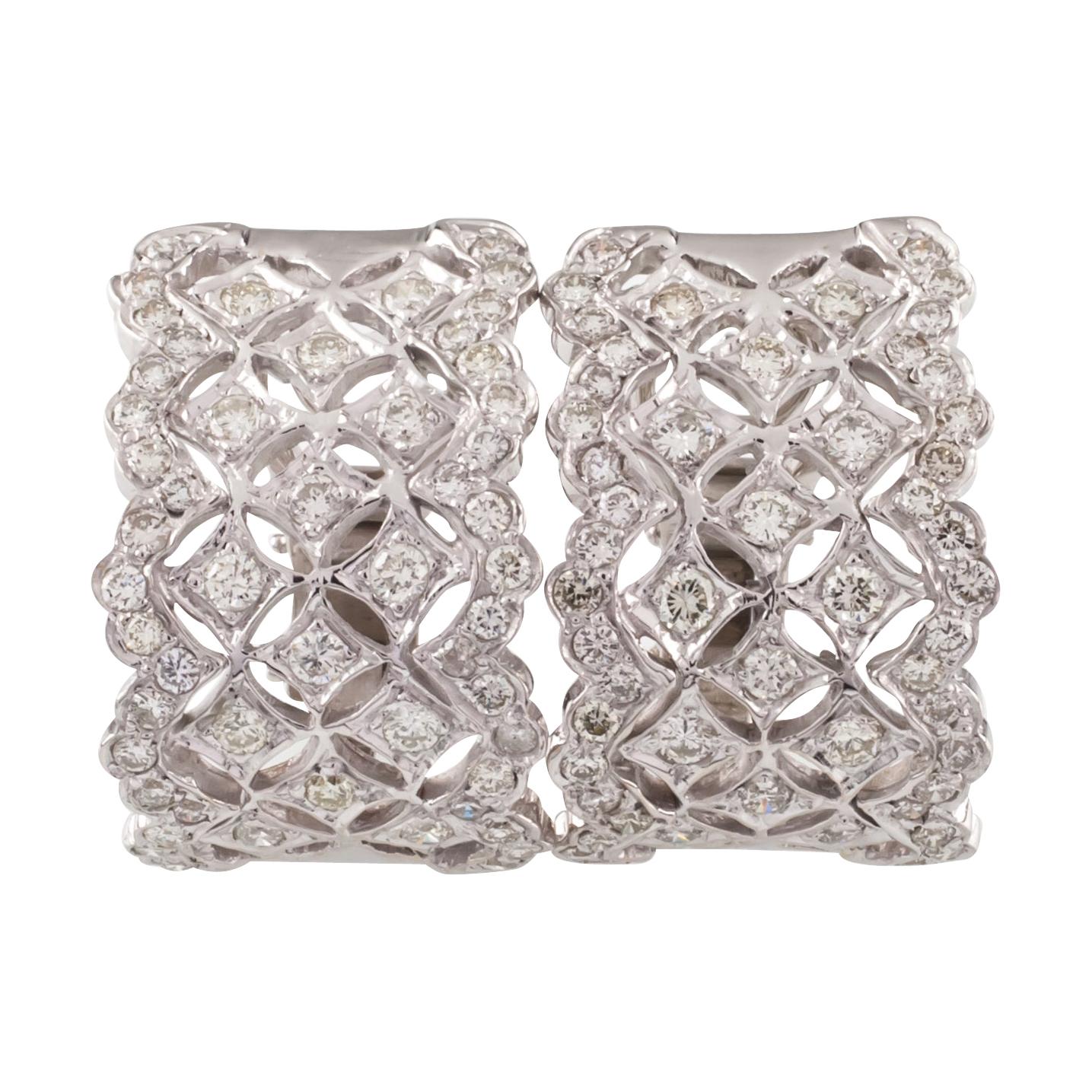 2.50 Carat Round Diamond Plaque Huggie Earrings with Omega Backs in White Gold For Sale