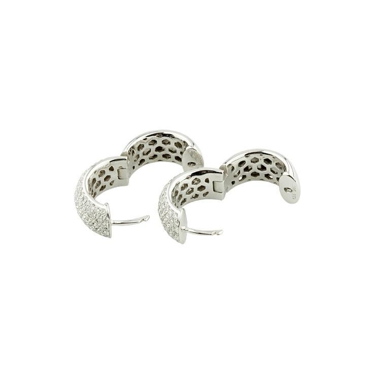 Women's 2.50 Carat Round Pave Diamond Hoop Earrings in White Gold For Sale