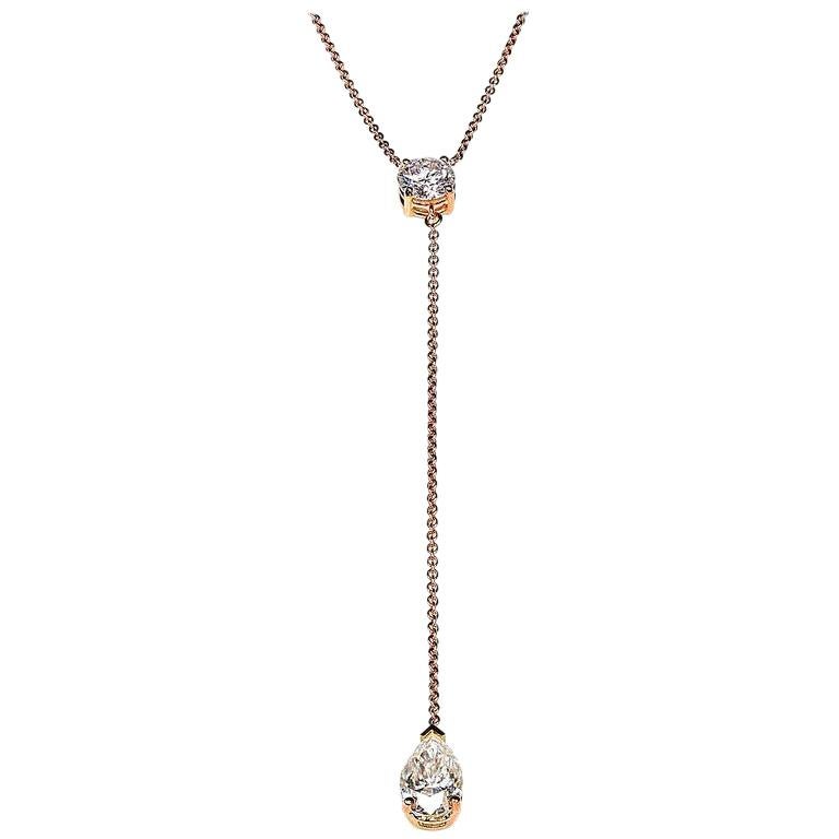 2.50 Carat Round & Pear Moissanite Drop Contemporary 18 Karat Rose Gold Necklace For Sale