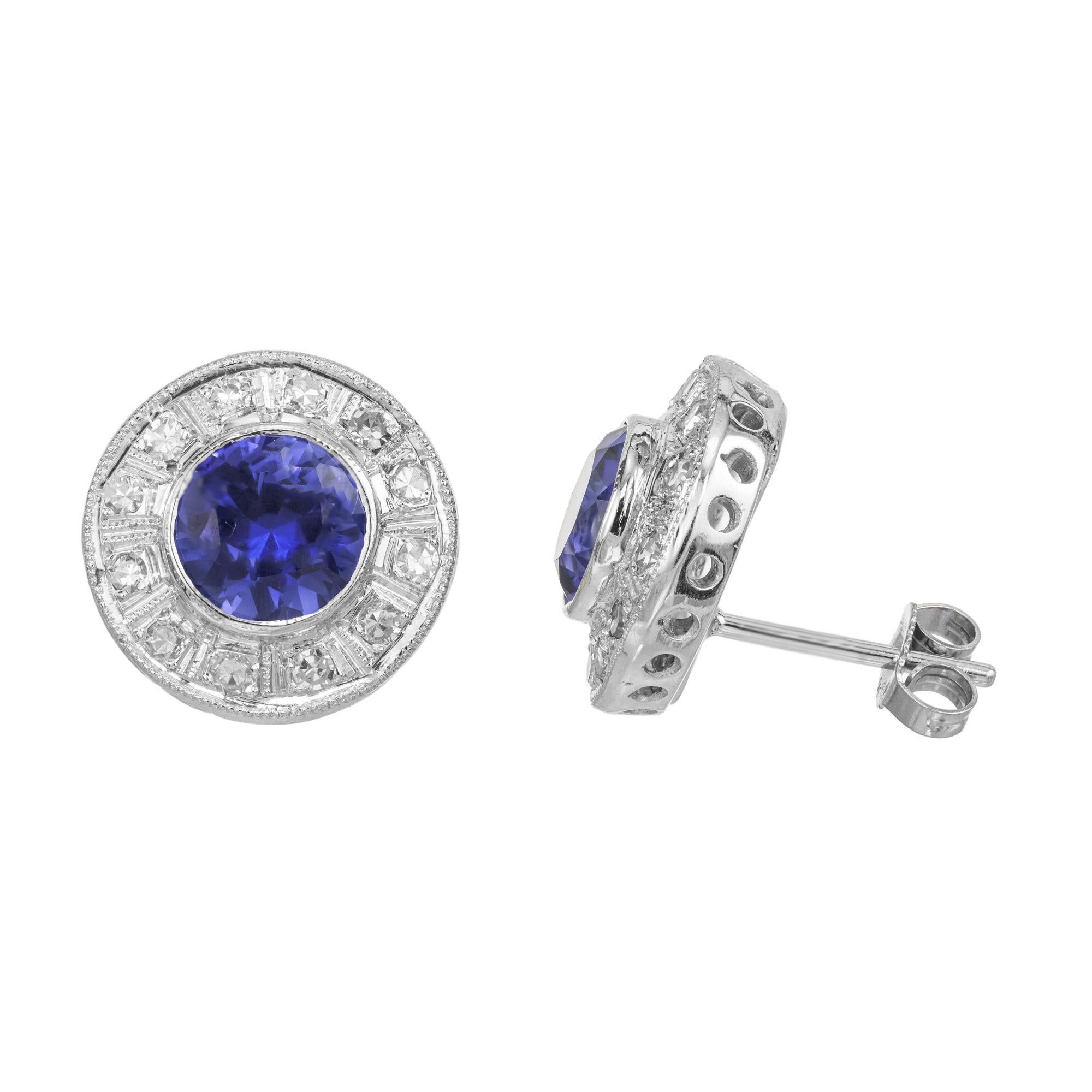 Round Cut 2.50 Carat Round Tanzanite Round Diamond White Gold Halo Earrings For Sale