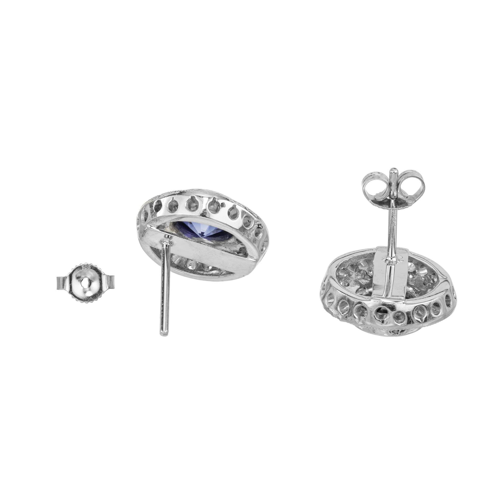 2.50 Carat Round Tanzanite Round Diamond White Gold Halo Earrings In Good Condition For Sale In Stamford, CT