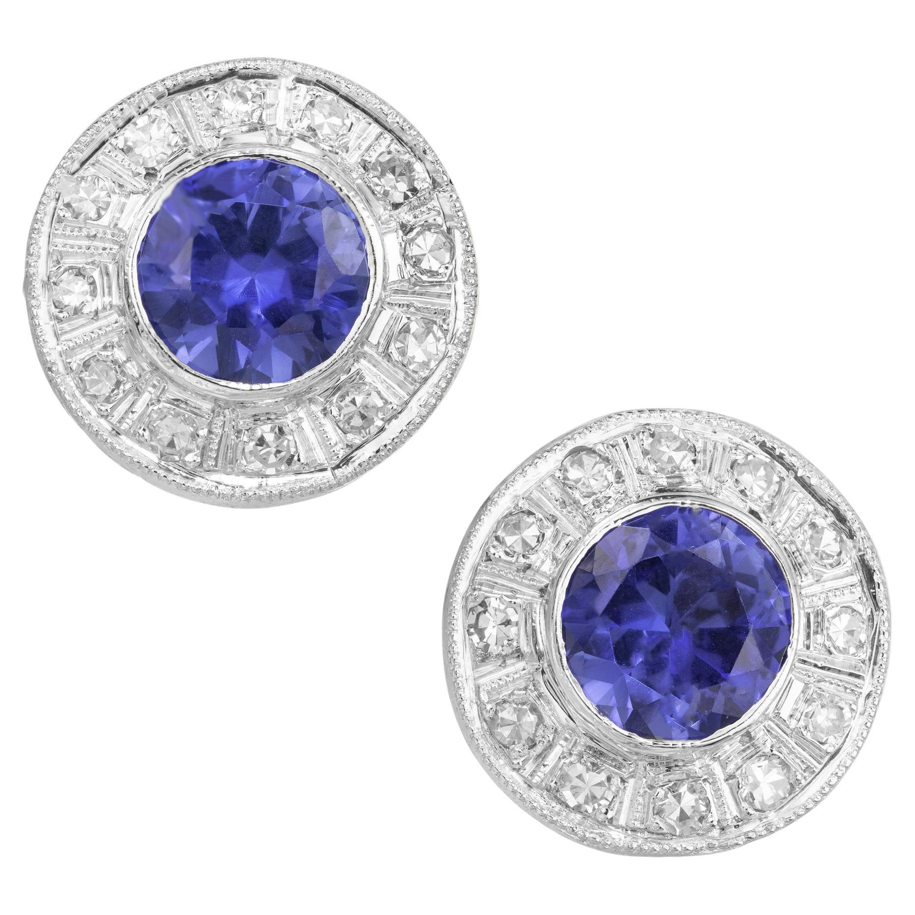 2.50 Carat Round Tanzanite Round Diamond White Gold Halo Earrings