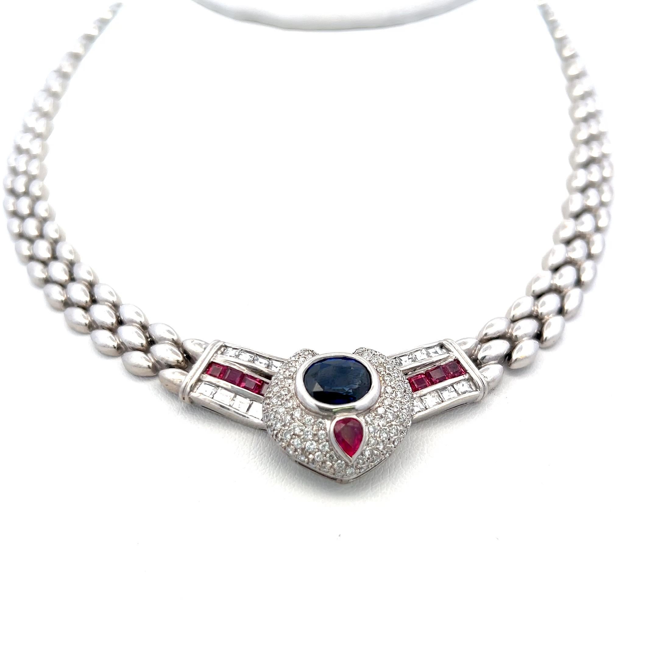 2.50 Carat Sapphire 2.22 Carat Diamond 1.05 Carat Ruby 18K WG Link Necklace Bon état - En vente à New York, NY