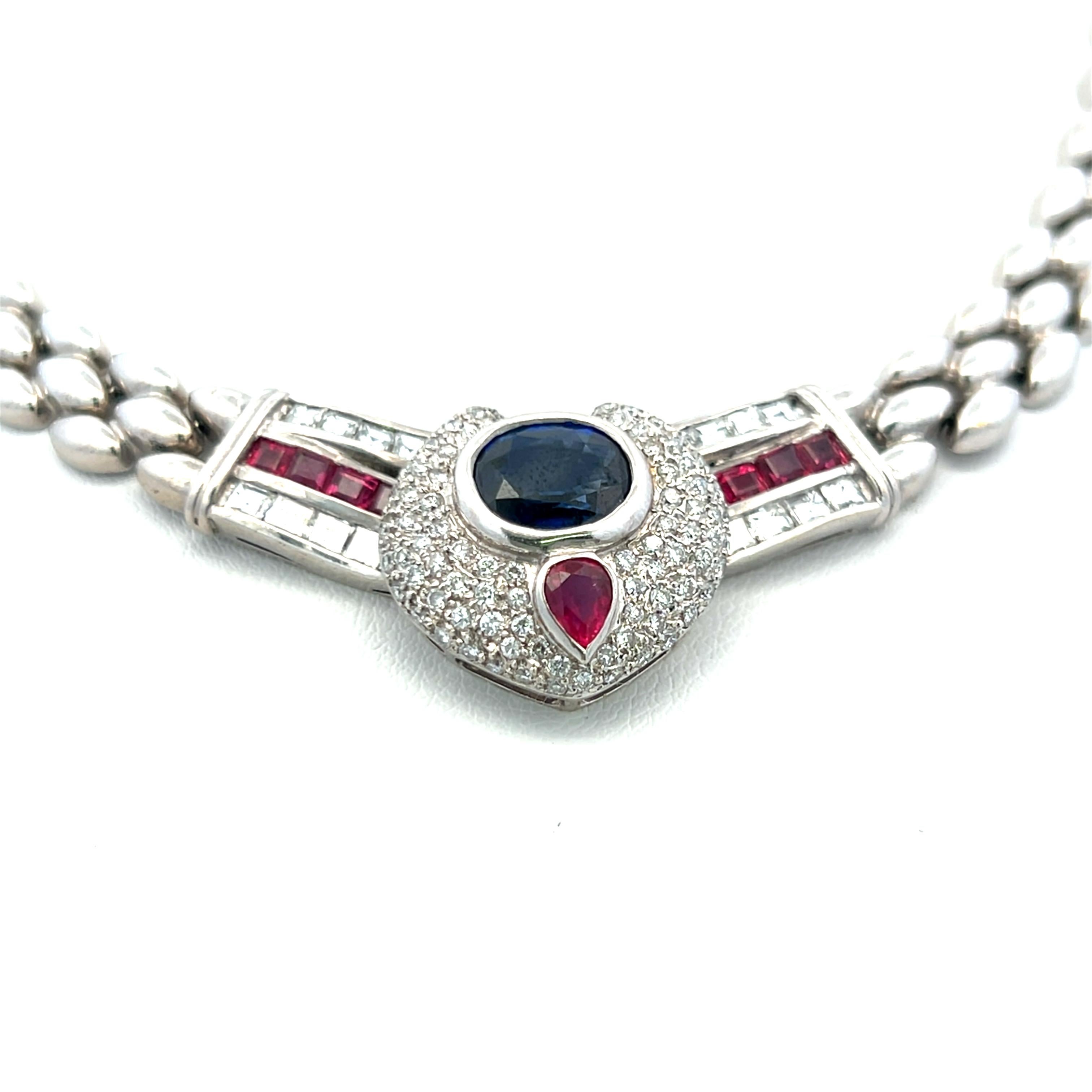 2.50 Carat Sapphire 2.22 Carat Diamond 1.05 Carat Ruby 18K WG Link Necklace Pour femmes en vente