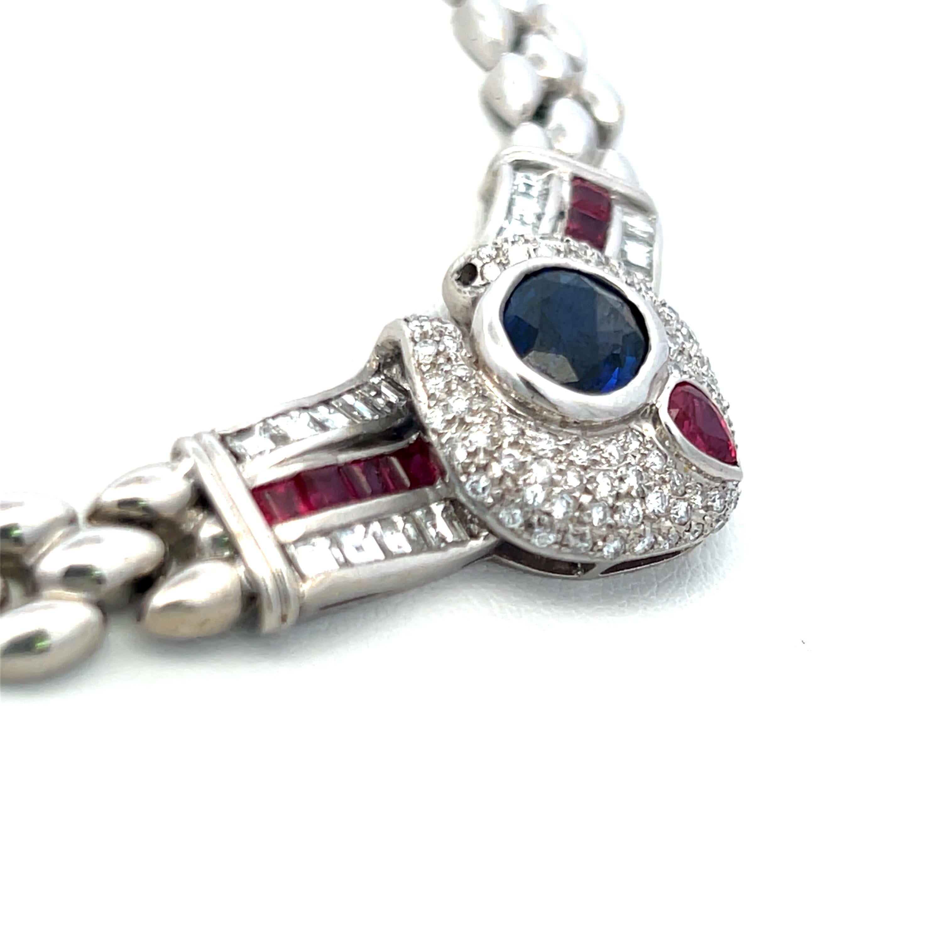 2.50 Carat Sapphire 2.22 Carat Diamond 1.05 Carat Ruby 18K WG Link Necklace en vente 2