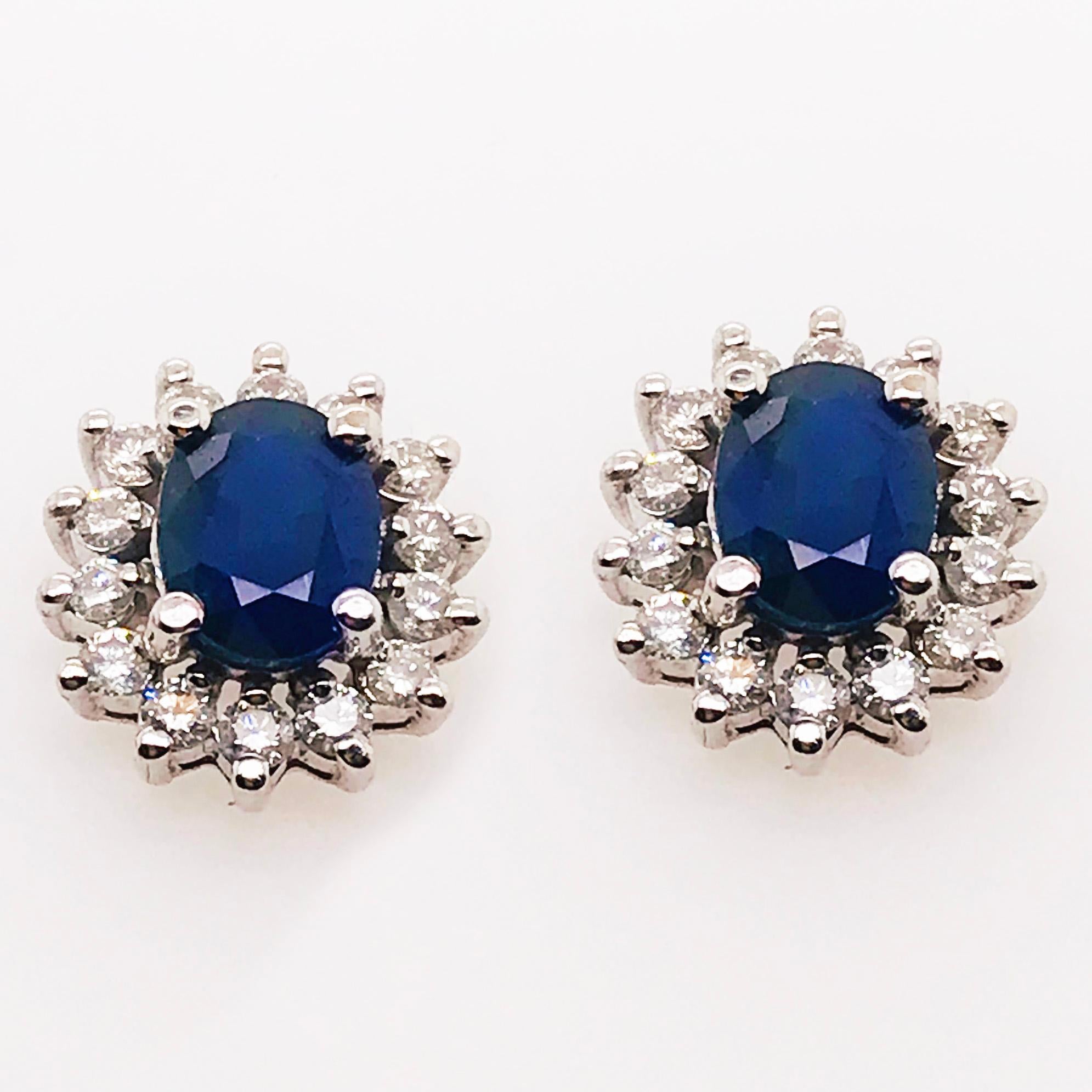 Oval Cut 2.50 Carat Sapphire and .75 Carat Diamond Earring Studs in 14 Karat White Gold