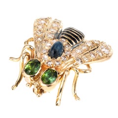 2.50 Carat Sapphire Diamond Enamel Yellow Gold Three Dimensional Fly Brooch