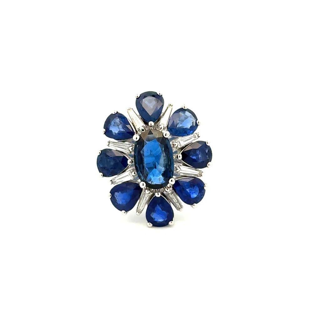 Modernist 2.50 Carat Sapphire, Pear Sapphire and Baguette Diamond Gold Cocktail Ring For Sale