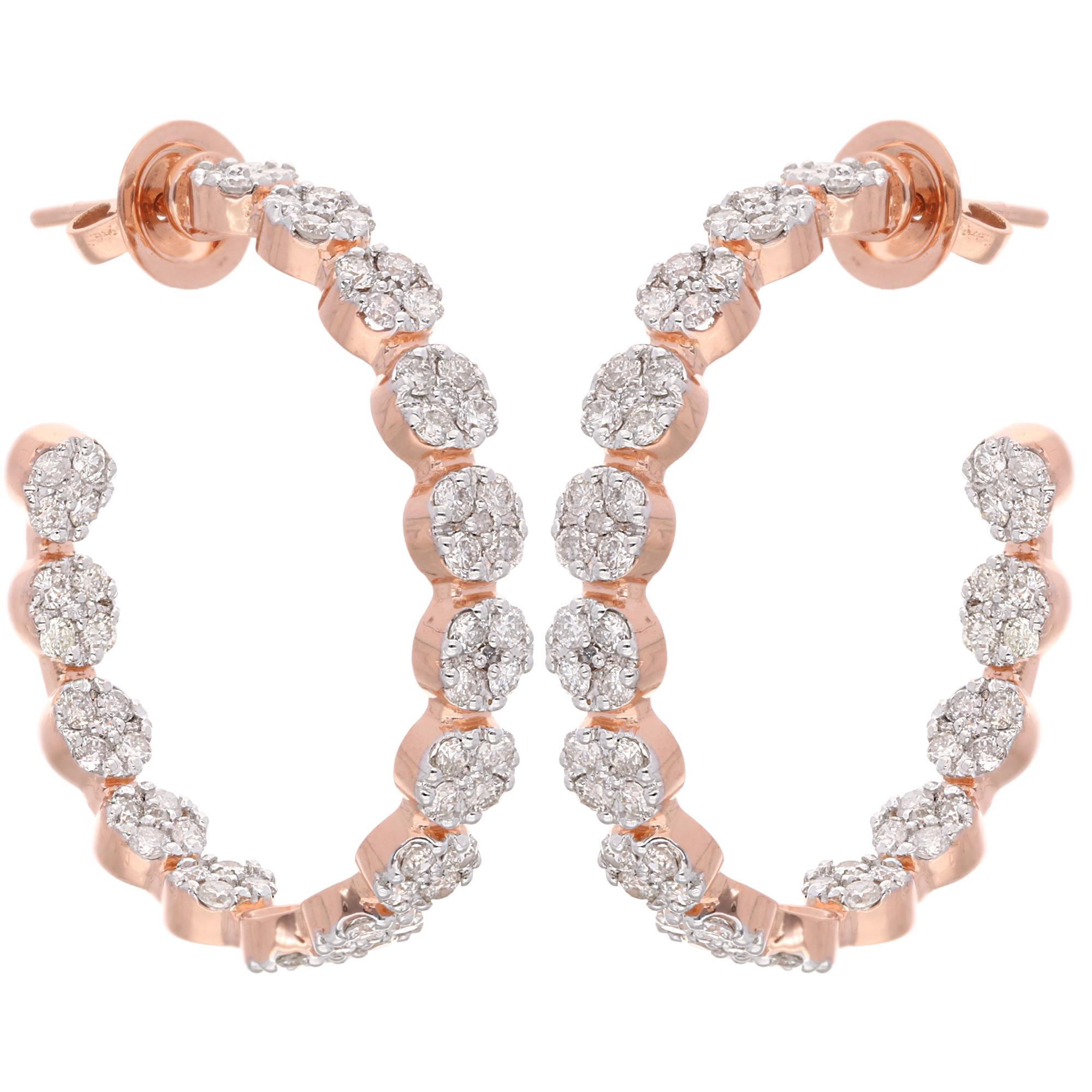 Round Cut 2.50 Carat SI Clarity HI Color Diamond Hoop Earrings 18 Karat Rose Gold Jewelry For Sale