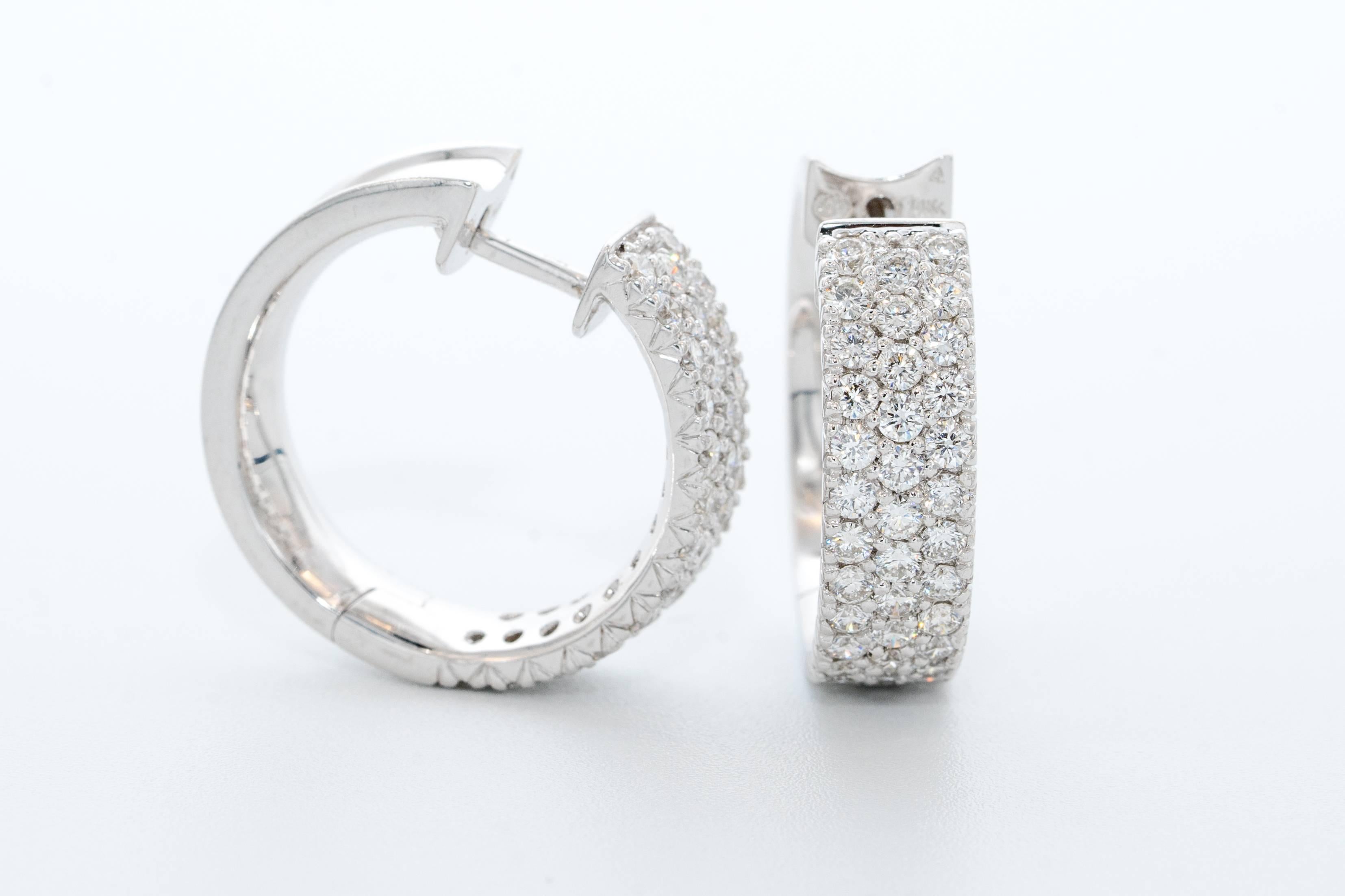 2.50 Carats three row diamond hoop earrings in 14K gold
Exquisitely made with G-H Color SI1 diamonds.  
Measures 1 inch ( 25 mm)