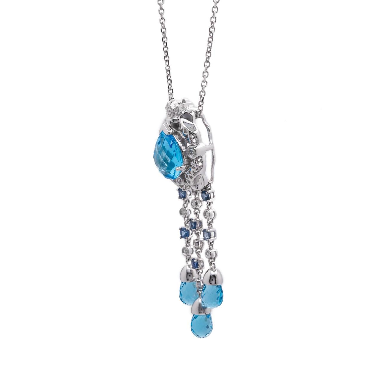 Briolette Cut 2.50 Carat Topaz Sapphire Diamond White Gold Briolette Pendant Necklace