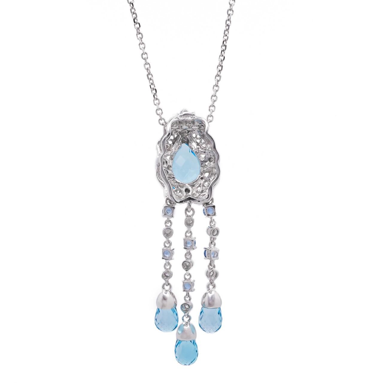 Women's 2.50 Carat Topaz Sapphire Diamond White Gold Briolette Pendant Necklace