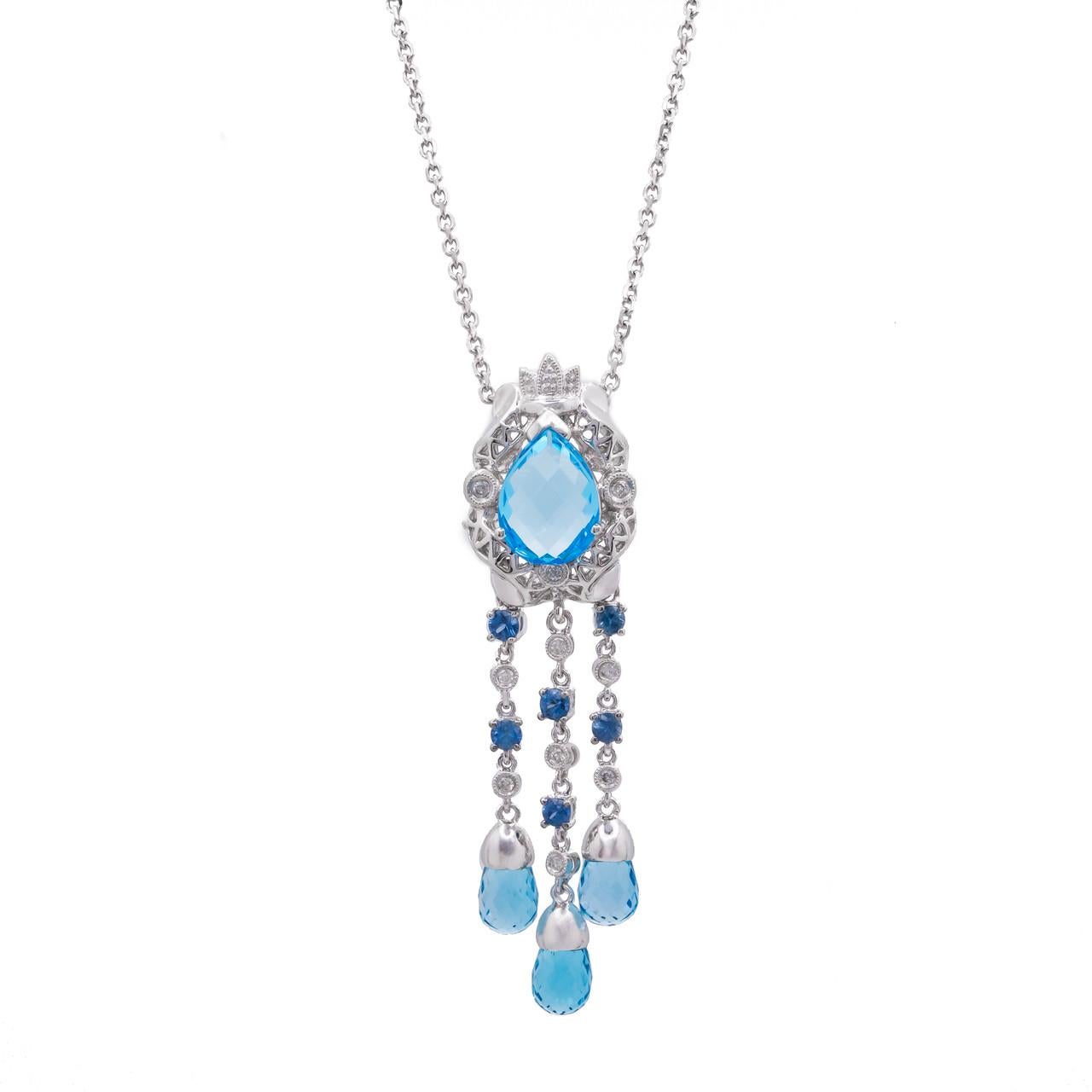 2.50 Carat Topaz Sapphire Diamond White Gold Briolette Pendant Necklace 1