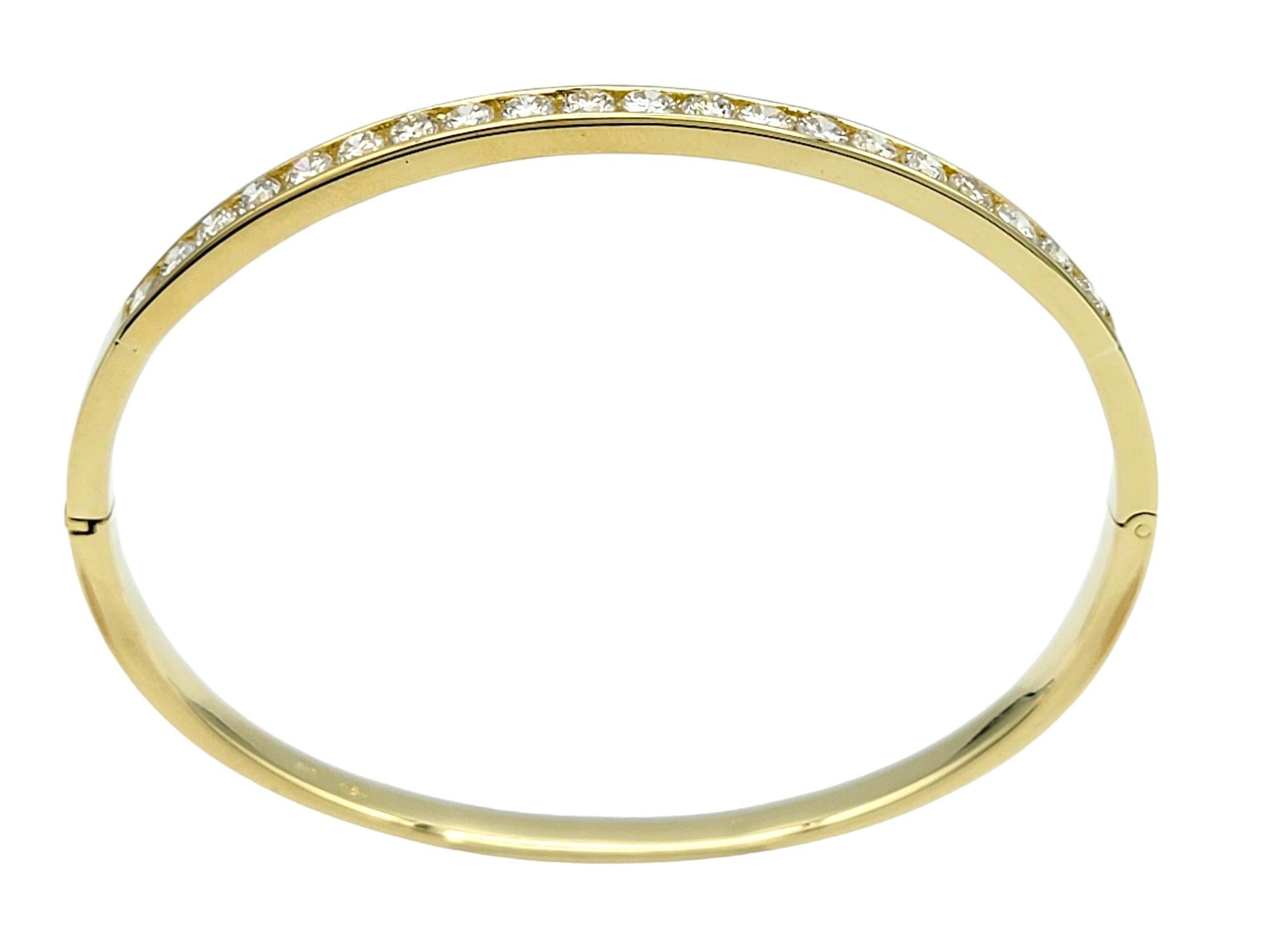 Women's 2.50 Carat Total Channel Set Round Diamond Hinged Bangle Bracelet 18 Karat Gold For Sale