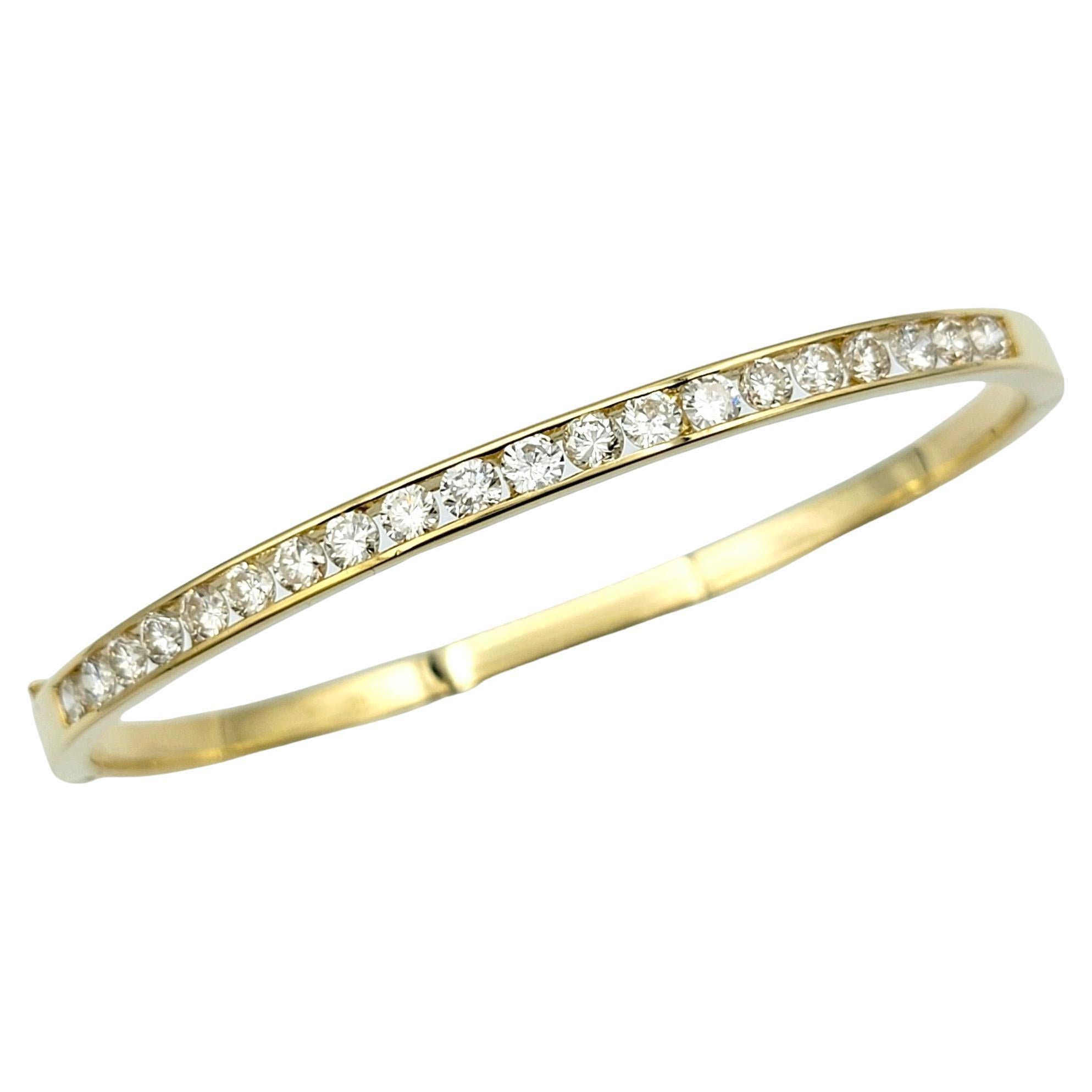 2.50 Carat Total Channel Set Round Diamond Hinged Bangle Bracelet 18 Karat Gold For Sale