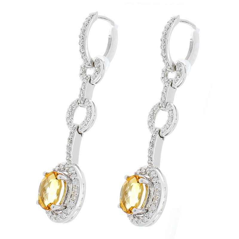 Contemporary 2.50 Carat Total Oval Checkerboard Citrine and Diamond Dangle Earrings