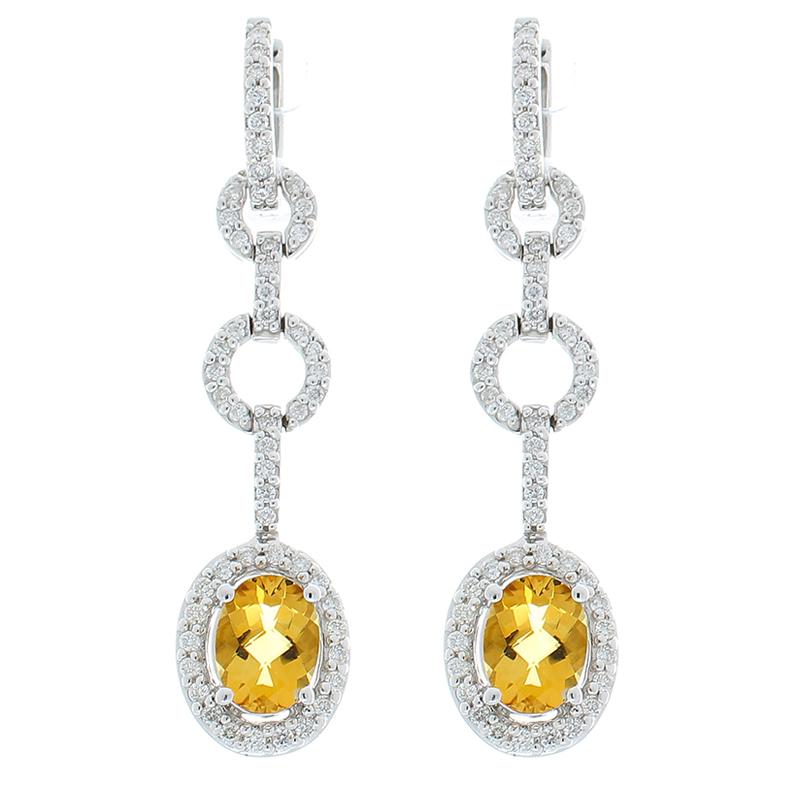 2.50 Carat Total Oval Checkerboard Citrine and Diamond Dangle Earrings