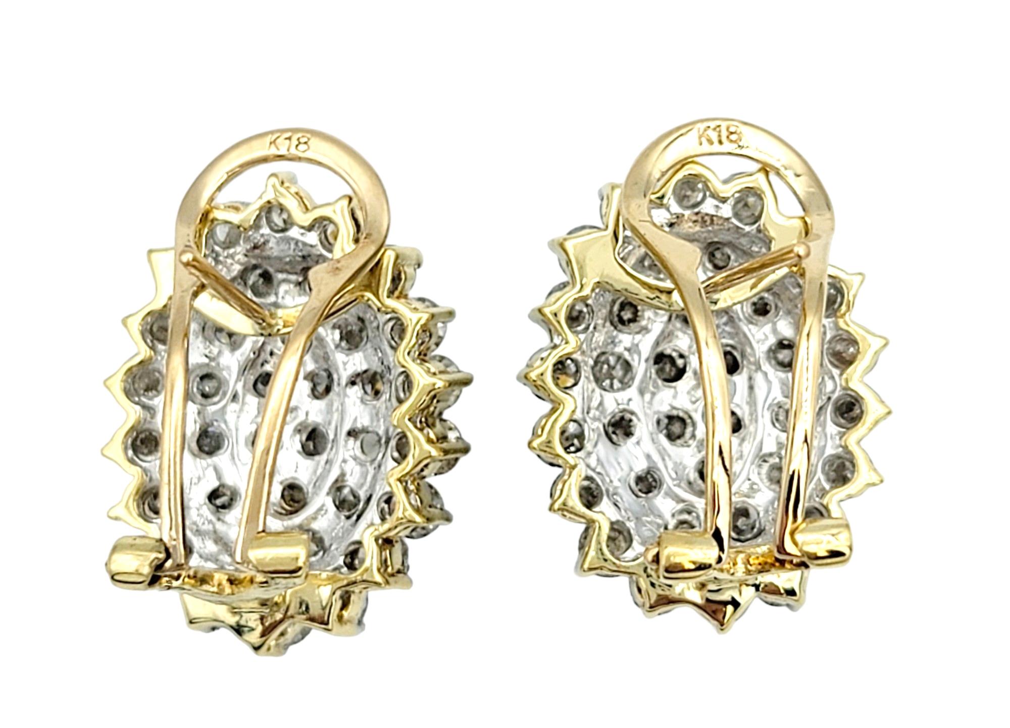 Round Cut 2.50 Carat Total Round Diamond Oval Cluster Earrings in 18 Karat Yellow Gold For Sale