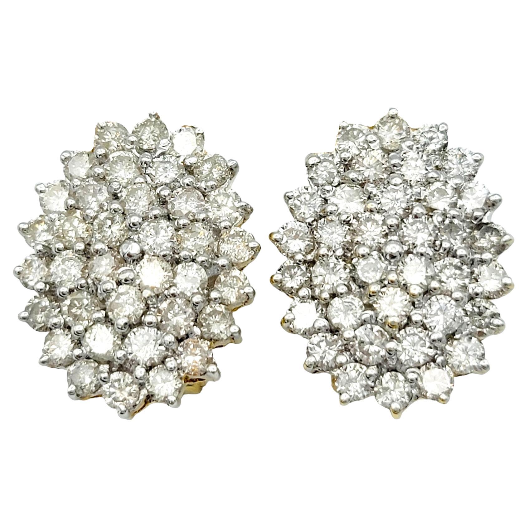 Women's 2.50 Carat Total Round Diamond Oval Cluster Earrings in 18 Karat Yellow Gold For Sale