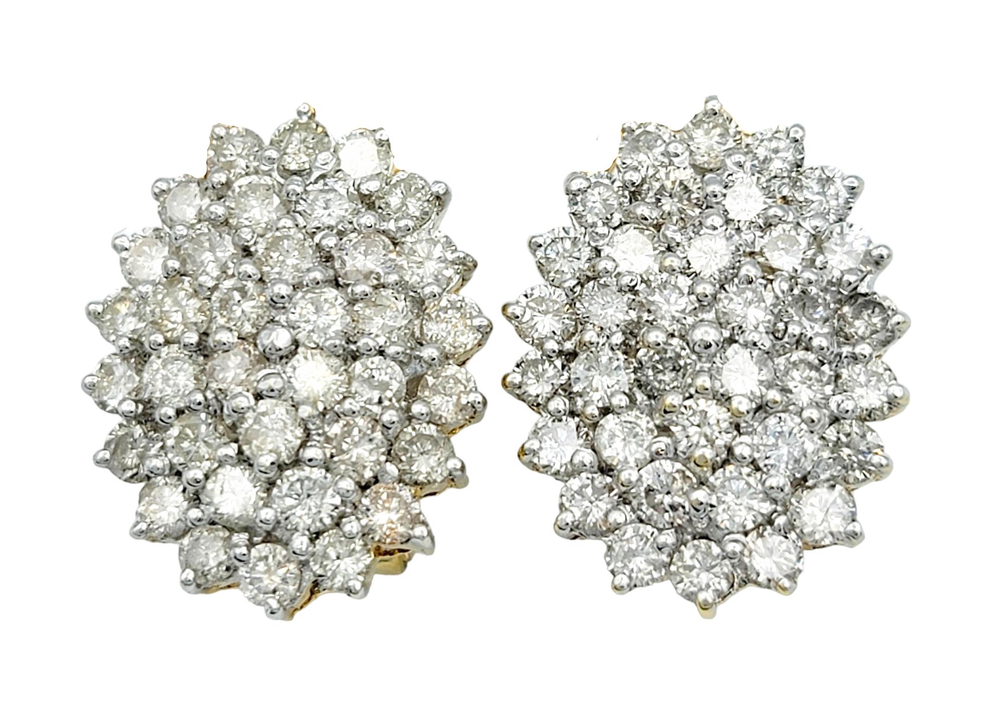 2.50 Carat Total Round Diamond Oval Cluster Earrings in 18 Karat Yellow Gold For Sale