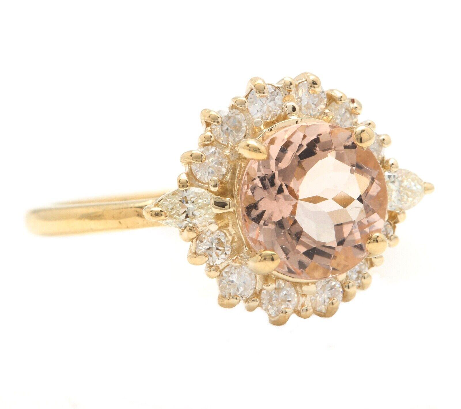 2.50 Carats Impressive Natural Morganite and Diamond 14K Solid Yellow Gold Ring

Suggested Replacement Value: Approx. $4,500.00

Total Natural Round Morganite Weight is: Approx. 2.00 Carats

Morganite Treatment: Heating

Morganite Measures: Approx.
