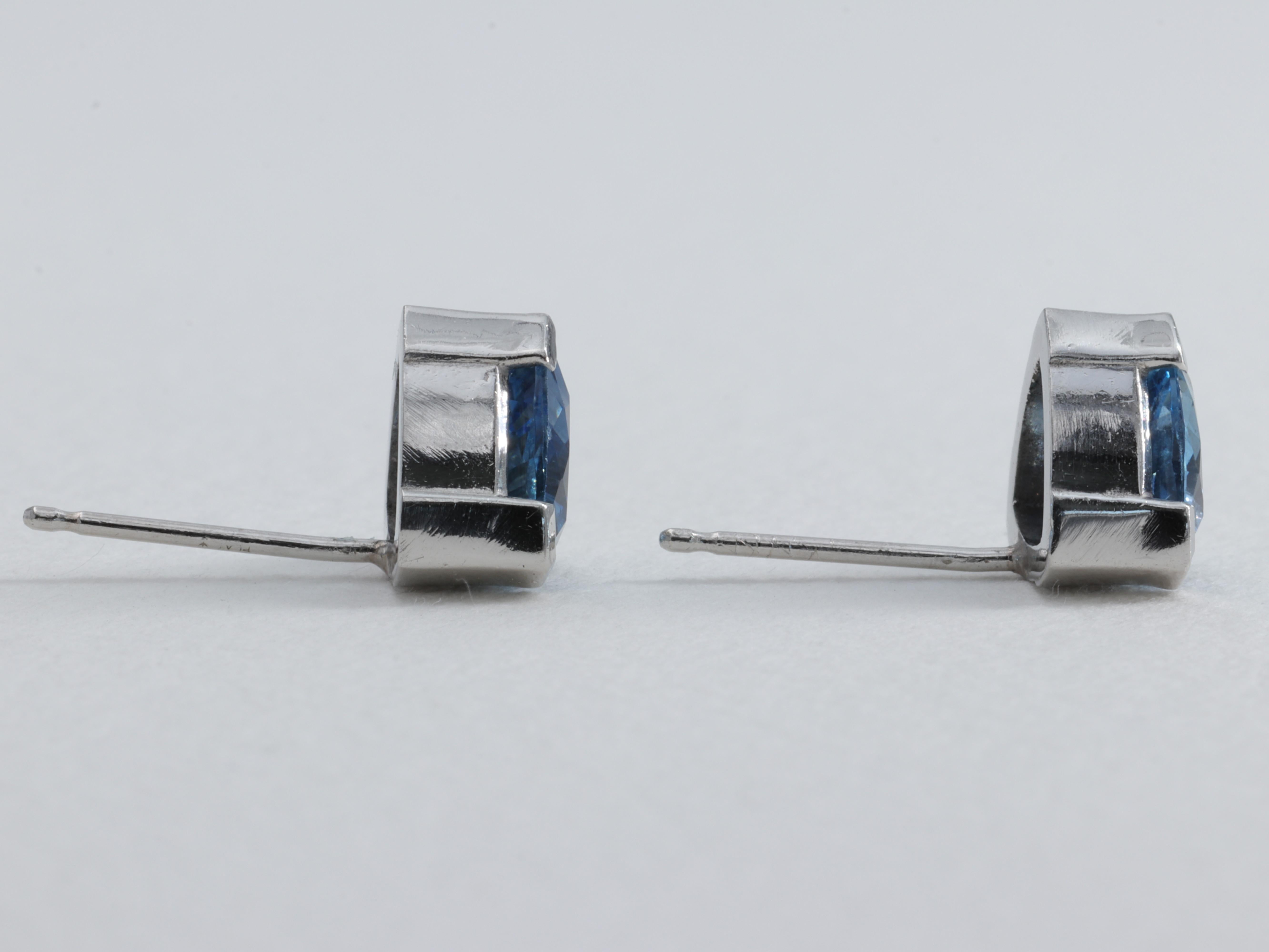 Trillion Cut Santa Maria Blue Aquamarine Trilliant Stud Earrings Hand Fabricated in Platinum For Sale