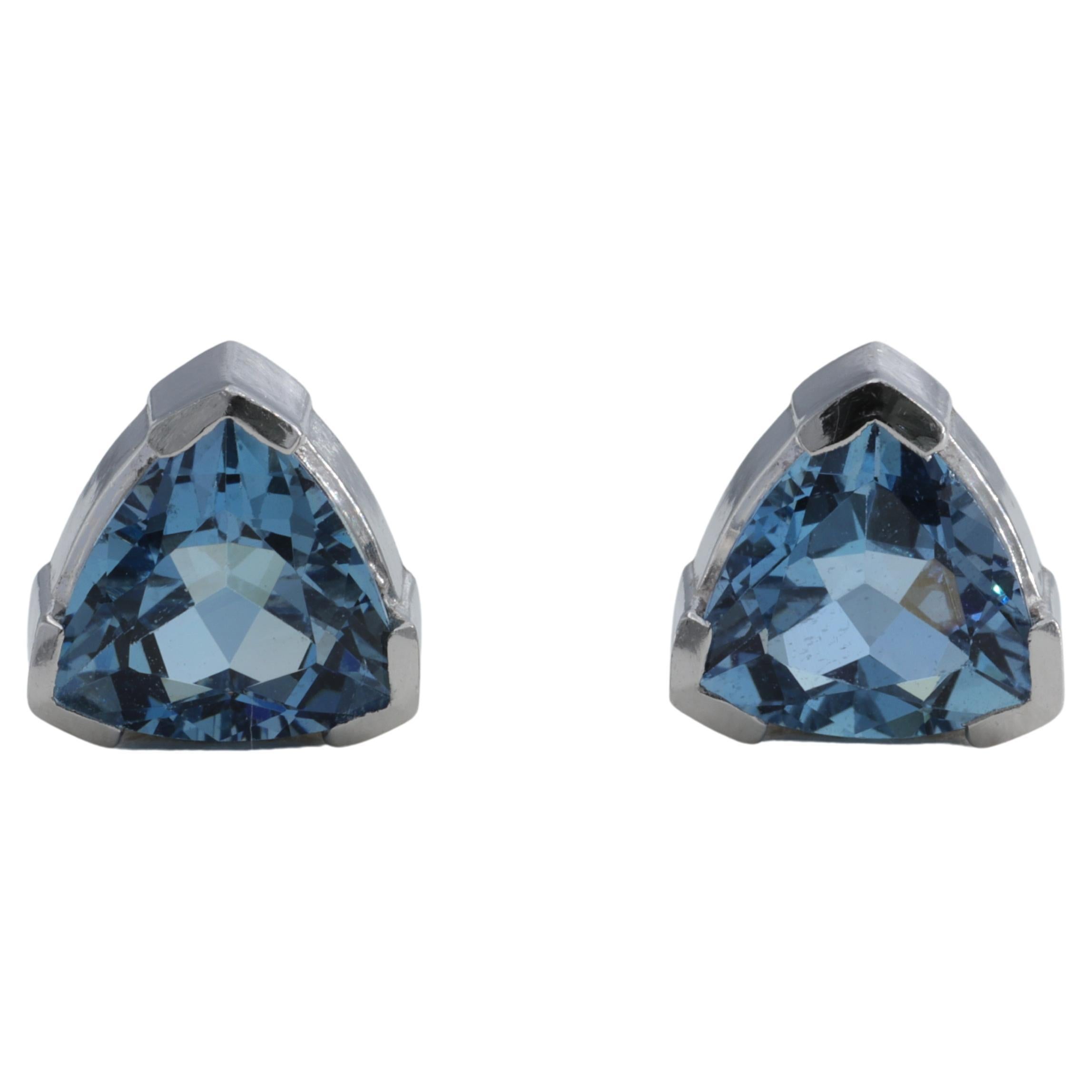 Santa Maria Blue Aquamarine Trilliant Stud Earrings Hand Fabricated in Platinum For Sale