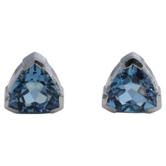 Santa Maria Blue Aquamarine Trilliant Stud Earrings Hand Fabricated in Platinum