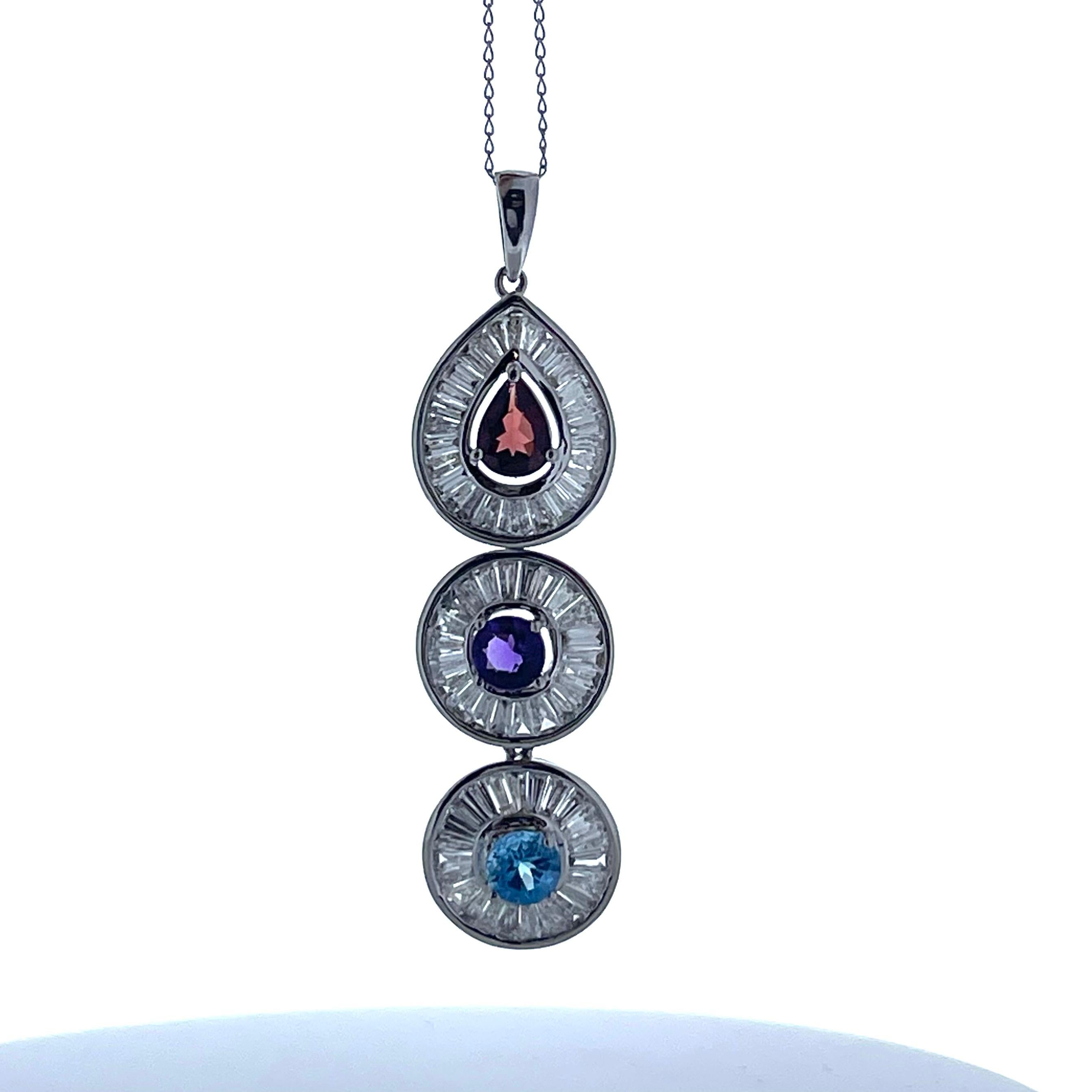 When you present this gorgeous Gemstone Sapphire Mixed 14k White Gold pendant to your favorite lady, she will be completely thrilled! This pendant includes 2.50 carats Sapphire gemstones and Baguette Diamonds 2.50 carats . This piece is perfect for