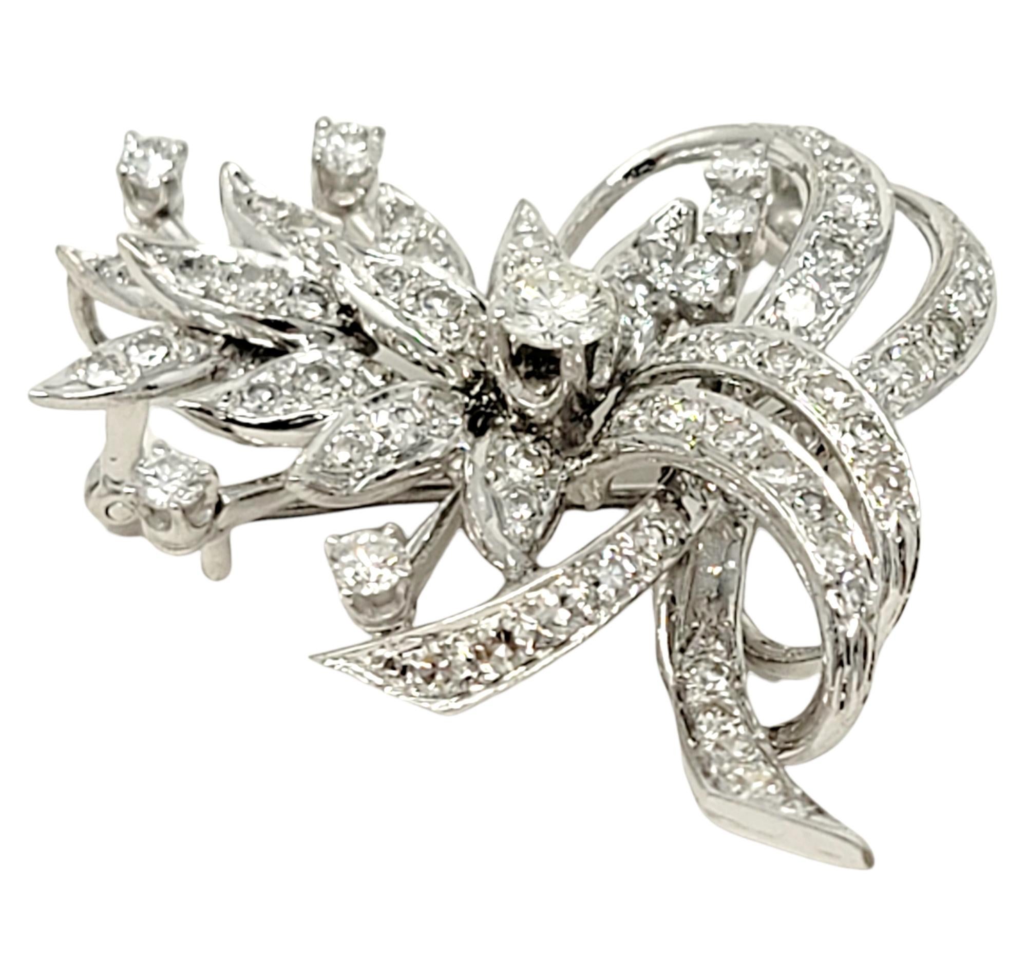 Contemporary 2.50 Carats Total Round Diamond Floral Ribbon Motif Brooch 14 Karat White Gold For Sale