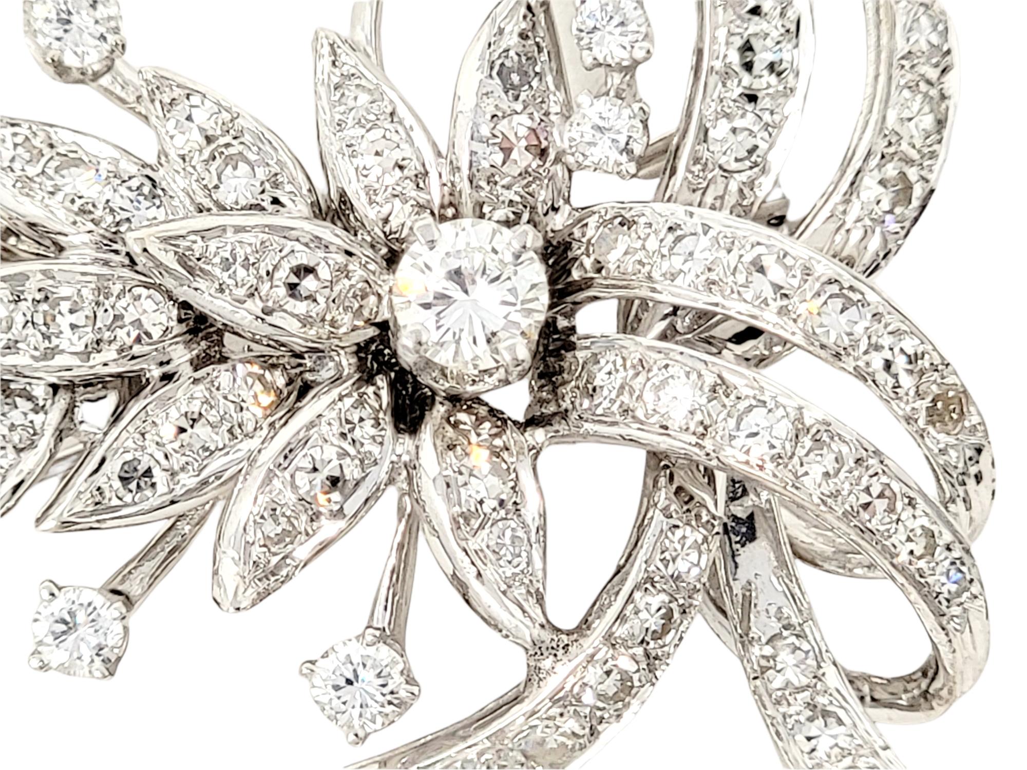 Round Cut 2.50 Carats Total Round Diamond Floral Ribbon Motif Brooch 14 Karat White Gold For Sale
