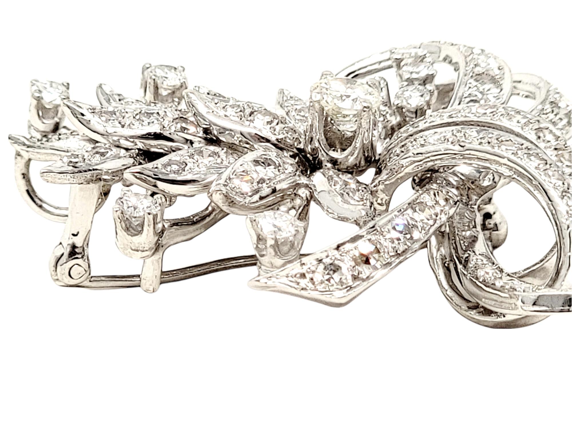 2.50 Carats Total Round Diamond Floral Ribbon Motif Brooch 14 Karat White Gold In Good Condition For Sale In Scottsdale, AZ