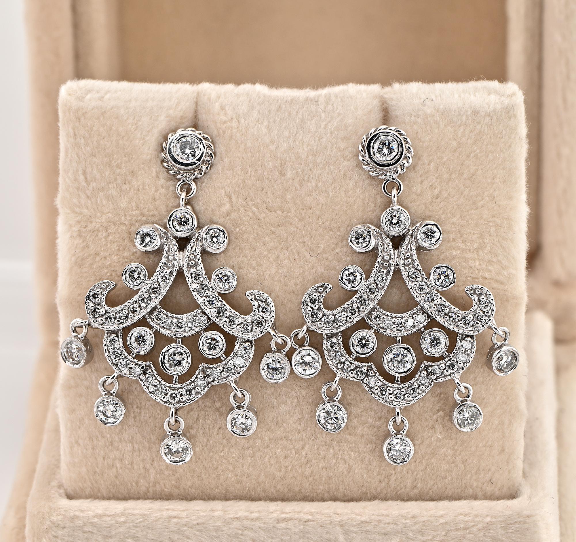 Feel Beautiful
These superb vintage earrings are 1960 ca or slightly later
Exquisitely rendered of solid 14 Kt white gold in a superlative timeless Chandelier design that for sure will highlight your face up with lovely bright sparkle and joyful