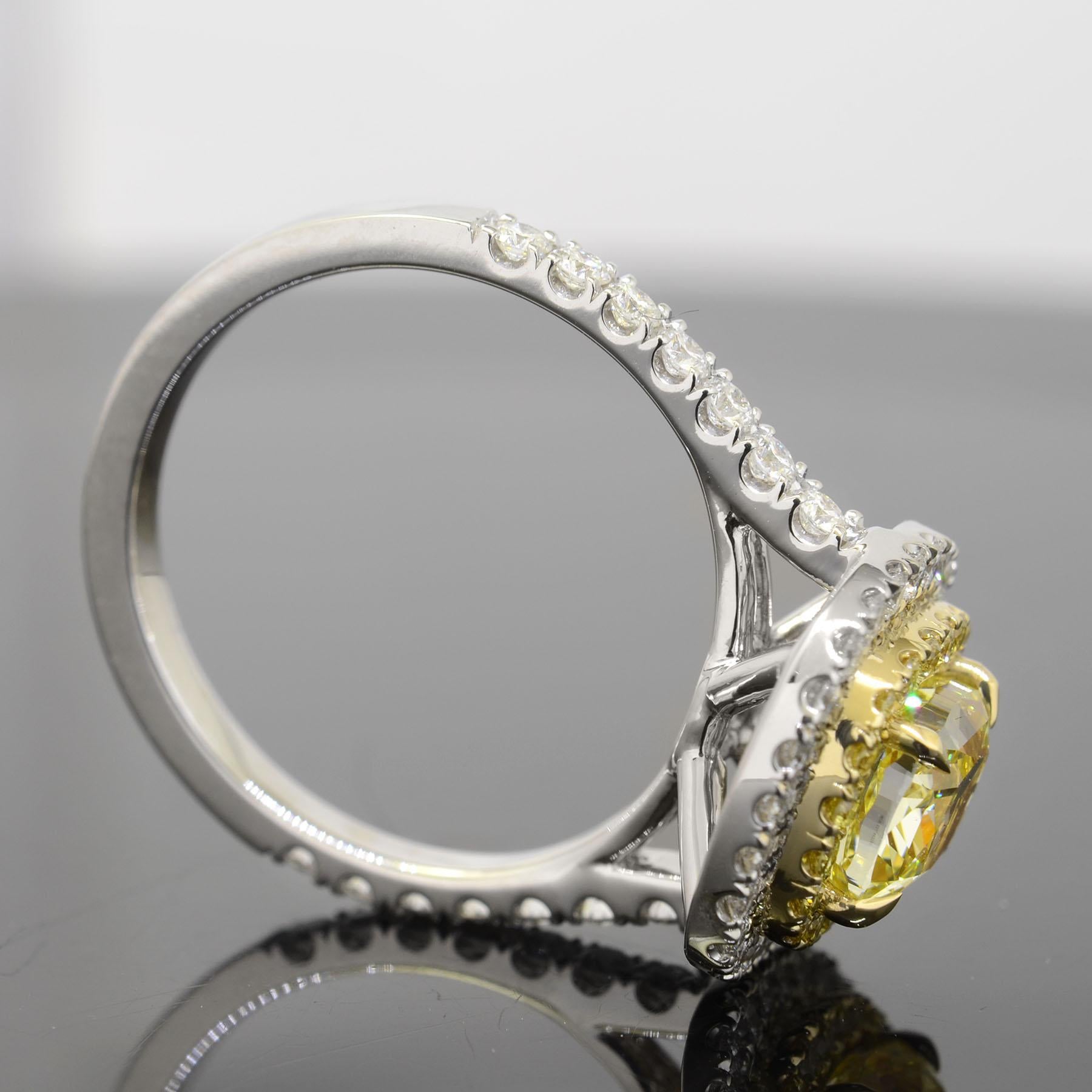 2.50 Ct Fancy Yellow Dual Halo Cushion Engagement Ring VS2 Clarity GIA Certified In New Condition For Sale In Los Angeles, CA