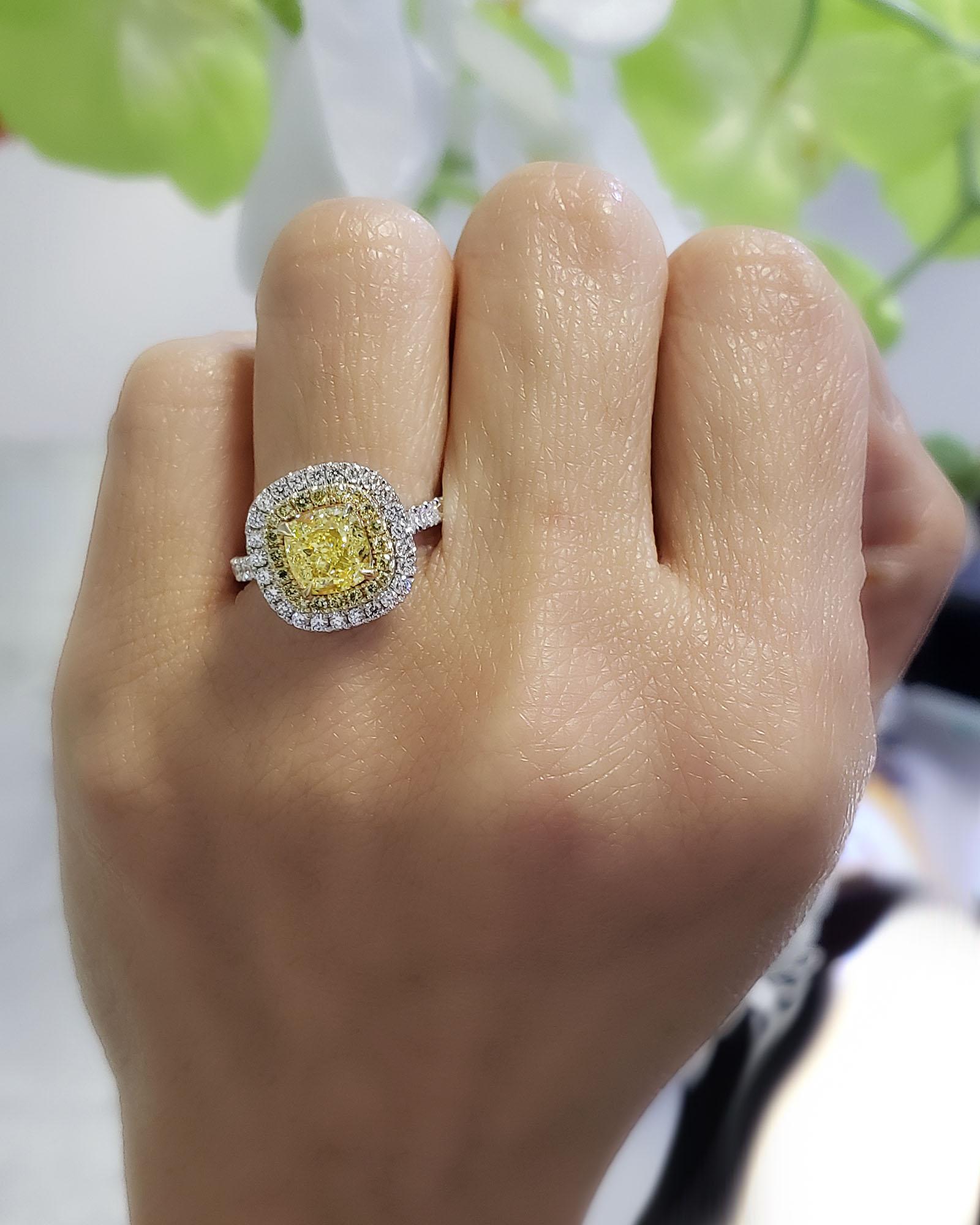 2.50 Ct Fancy Yellow Dual Halo Cushion Engagement Ring VS2 Clarity GIA Certified For Sale 1