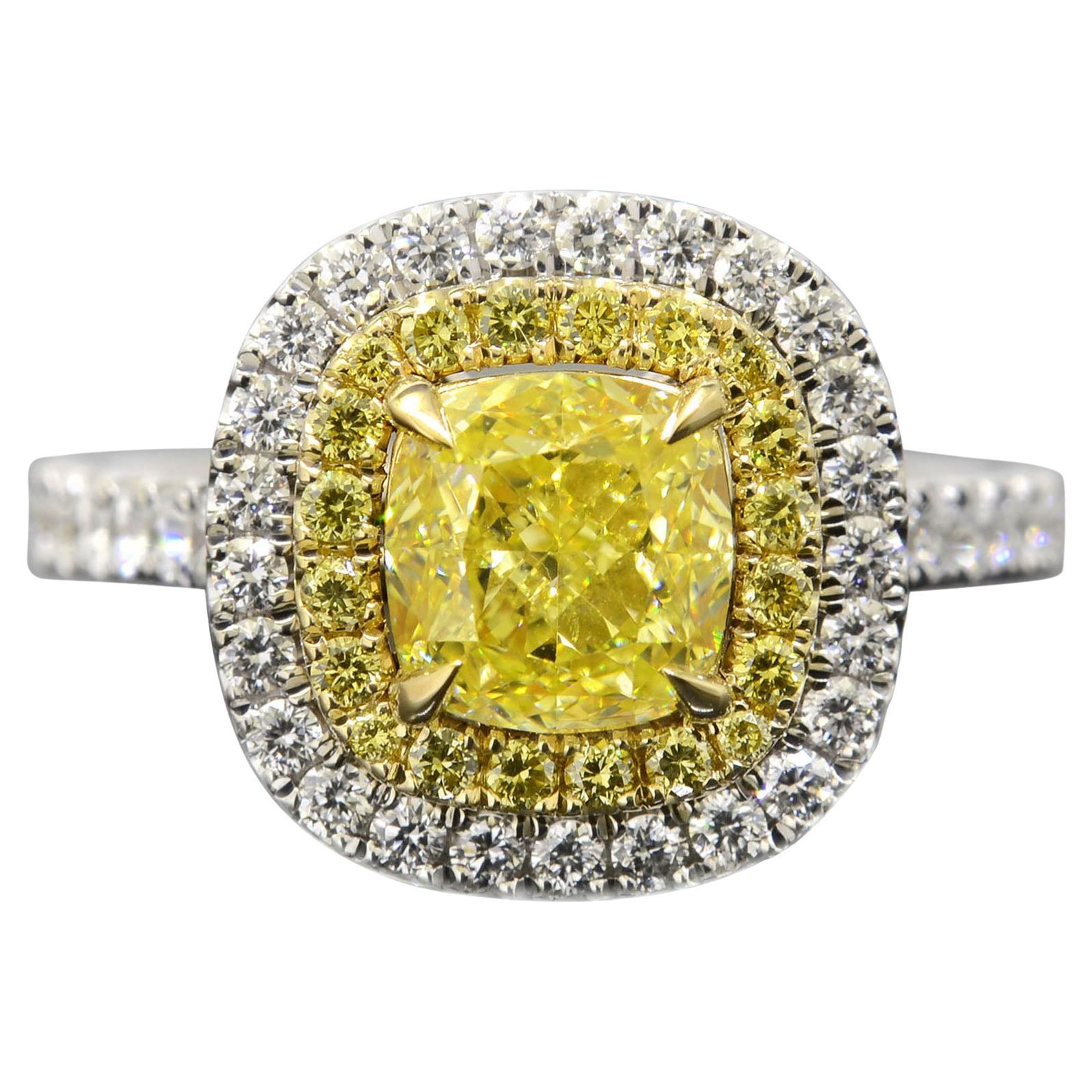 2.50 Ct Fancy Yellow Dual Halo Cushion Engagement Ring VS2 Clarity GIA Certified For Sale
