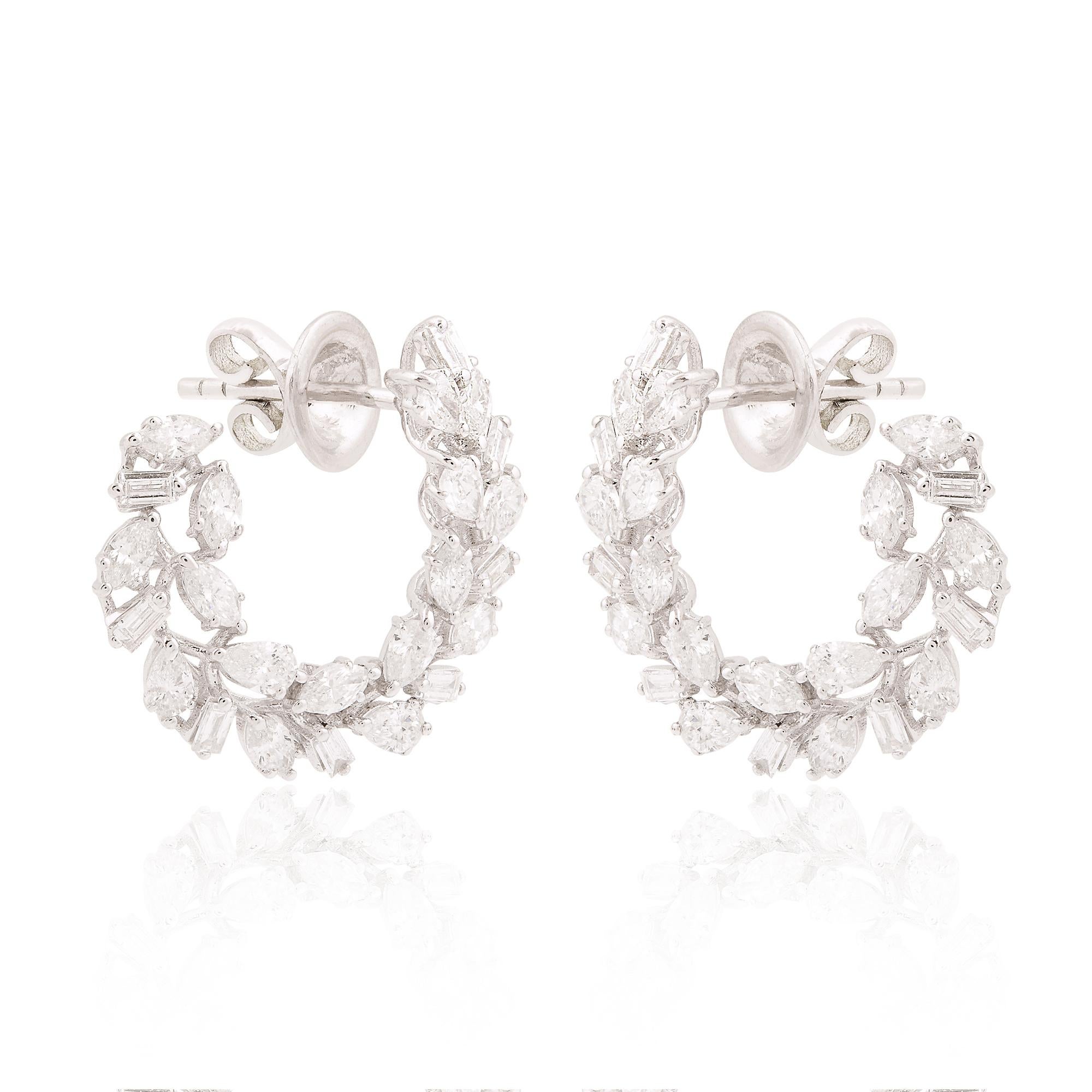 Women's 2.50 Carat Marquise Baguette Diamond Hoop Earrings 14 Karat White Gold Jewelry For Sale