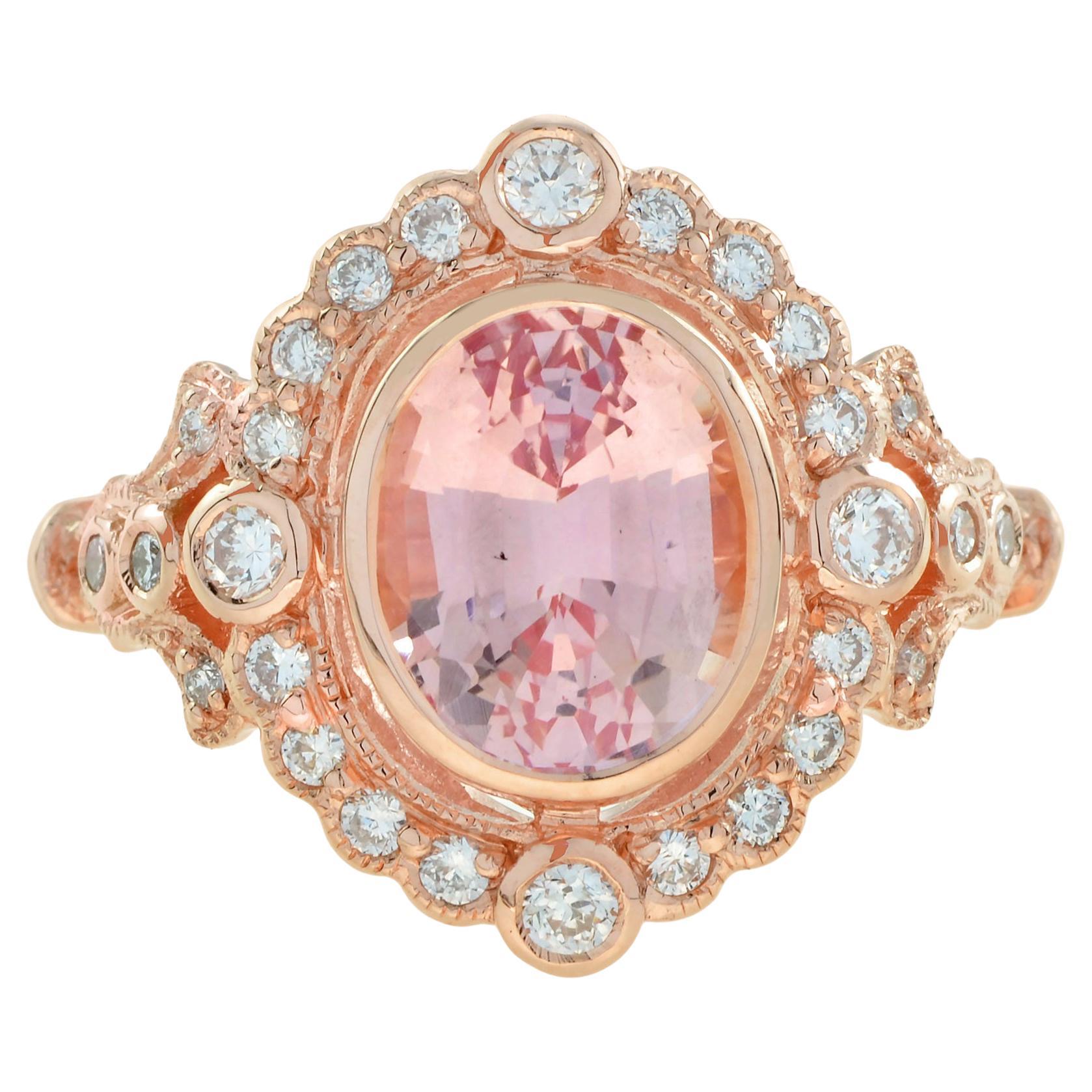 For Sale:  2.50 Ct. Morganite Diamond Vintage Style Halo Engagement Ring in 18K Rose Gold