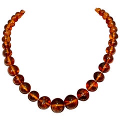 Vintage 250 Ct Natural Amber Single Strand Graduating Bead Necklace with 18K Gold Clasp