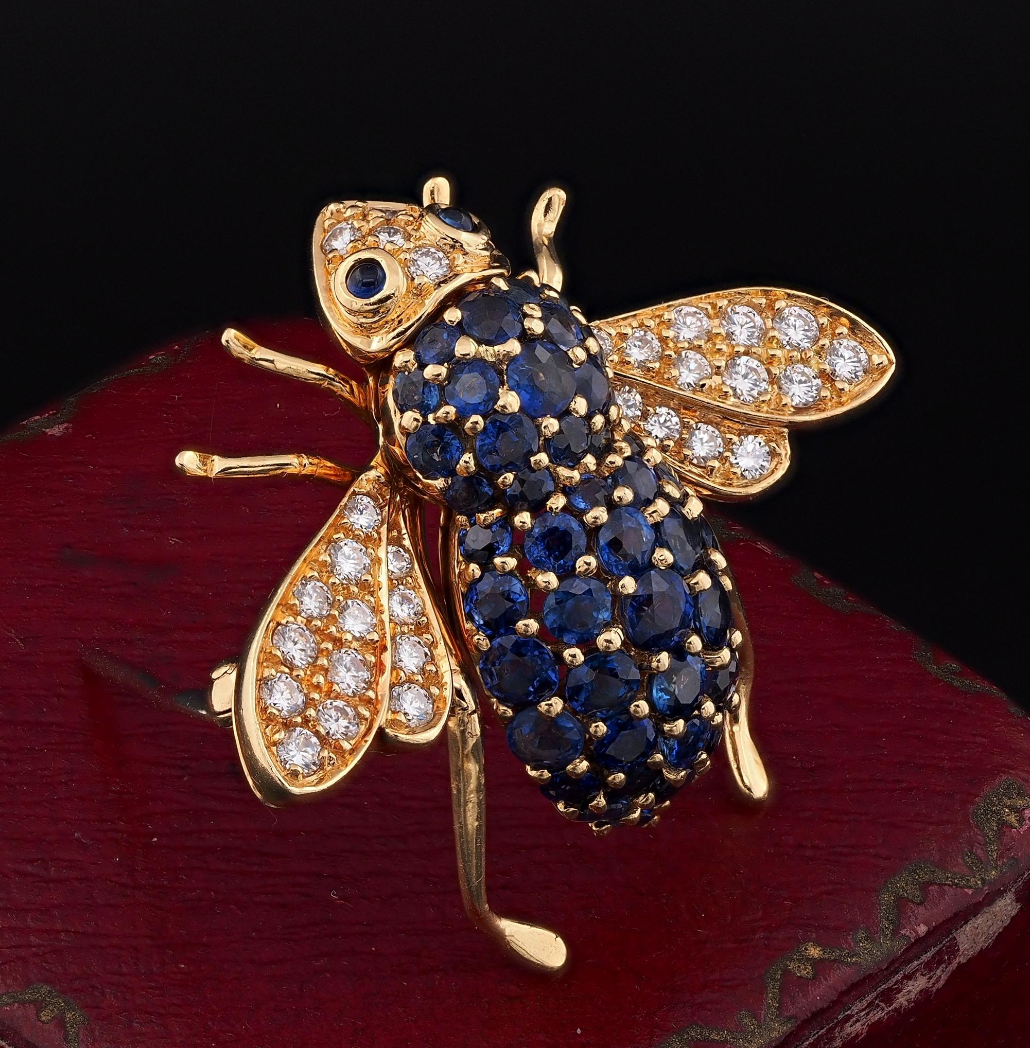 Mesmerizing Fly
This stunning mid century fly brooch is 1960 ca
Utterly beautiful quality, superbly designed, hand crafted as unique of solid 18 kt gold
Main body is overwhelmed by rich Royal Blue colour natural Sapphires for 2.50 Ct, hand set one