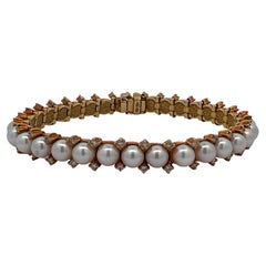 Bracciale A Link in oro giallo 18 carati con perle coltivate e diamanti da 2,50 CTW