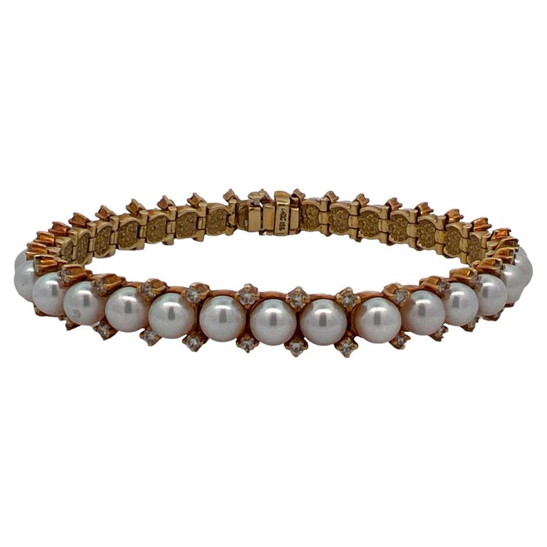 2.50 CTW Diamond Cultured Pearl 18 Karat Yellow Gold Line Link Bracelet ...